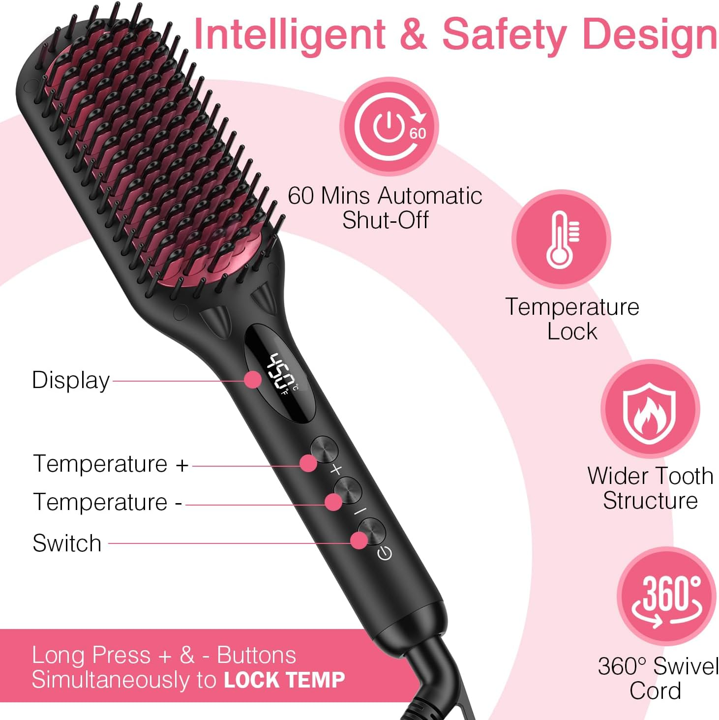 Miropure 2 in 1 Ionic Hair Straightener Brush with Heat Resistant Glove and Temperature Lock Function (Black)