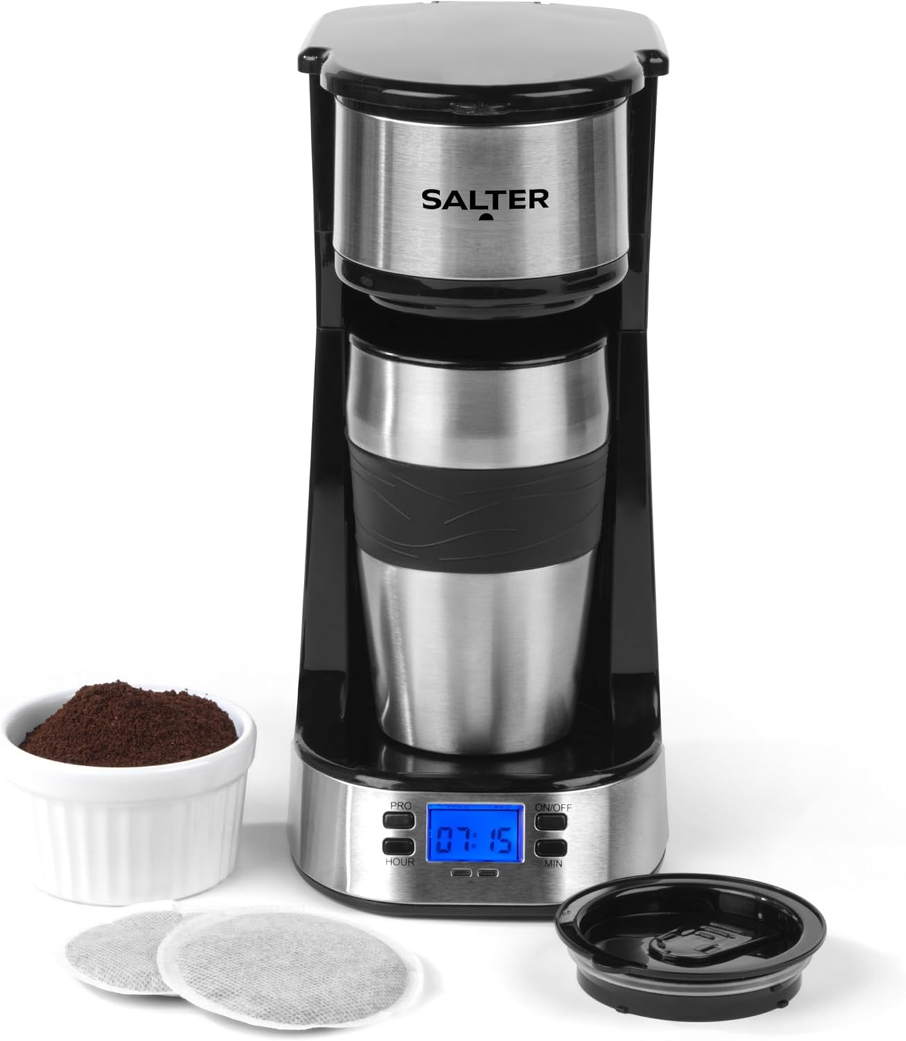 Salter Digital Coffee Maker &ndash; One Cup Filter Coffee Machine, Washable & Reusable Filter, Includes 420Ml Stainless Steel Travel Mug, 3-4 Minutes Brewing, Suitable for Ground Coffee/Pads, Timer, 750W image number 1