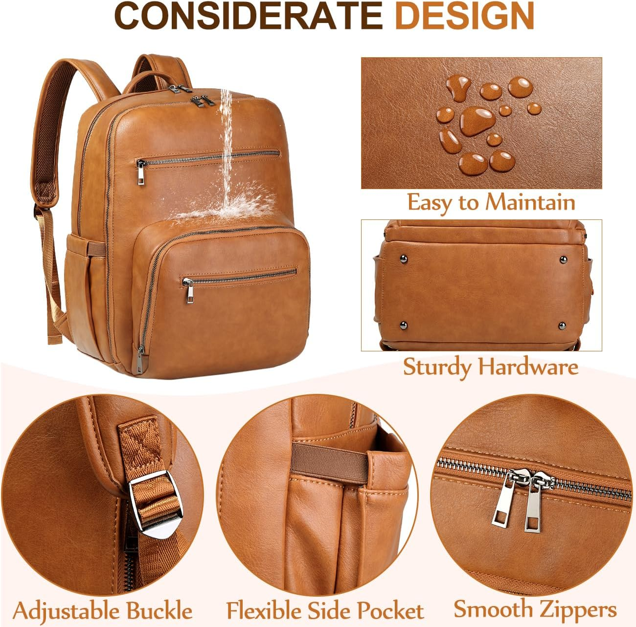 Diaper Bag Backpack, VASCHY Unisex Large Waterproof Vegan Leather Baby Nappy Bag with Changing Pad,Insulated Pockets,Padded Laptop Sleeve for for Mum,Dad,Travel,Business image number 2