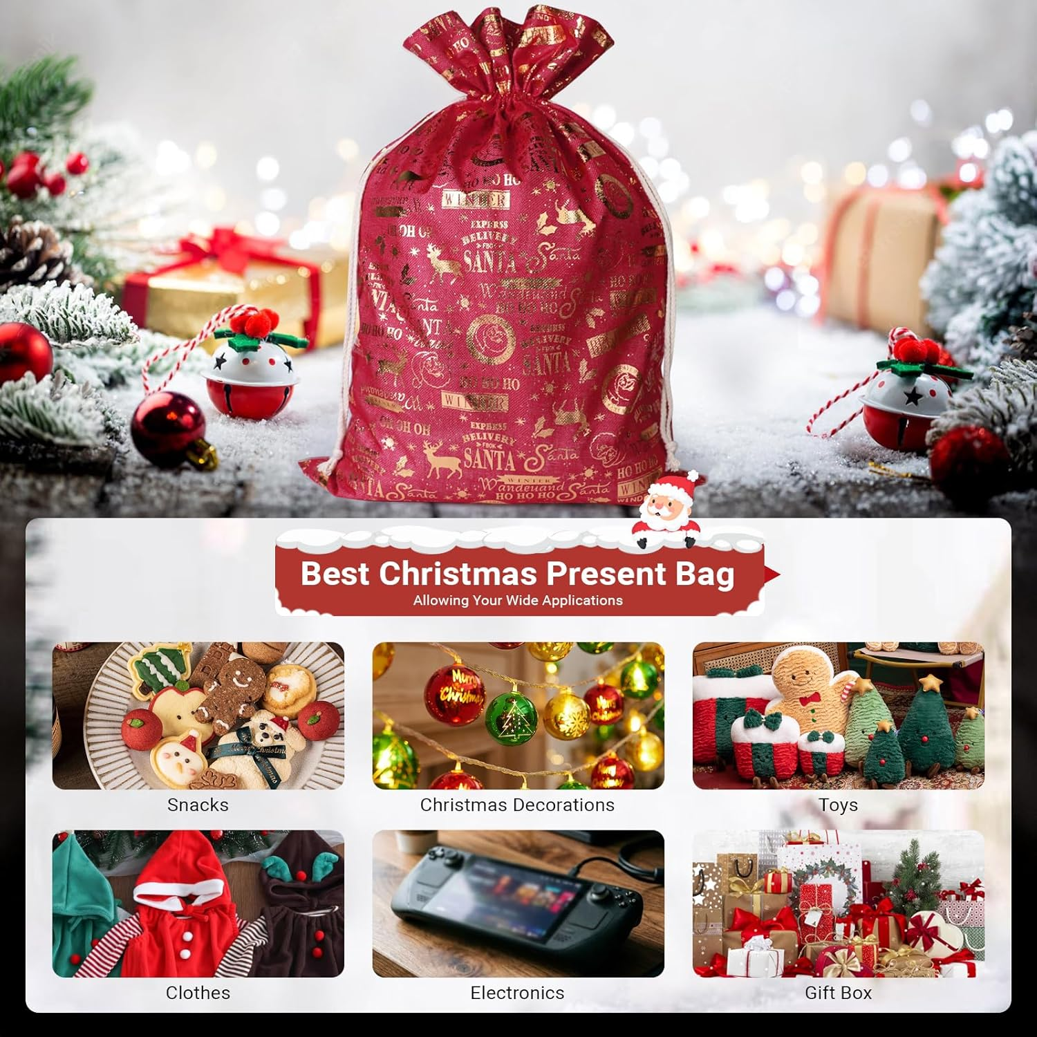 LIAN Santa Sack Christmas Bags Large Burlap Bag Bags with Drawstring Reusable Holiday Supplies Christmas Party Favors (50 * 70CM, Style 1) image number 3