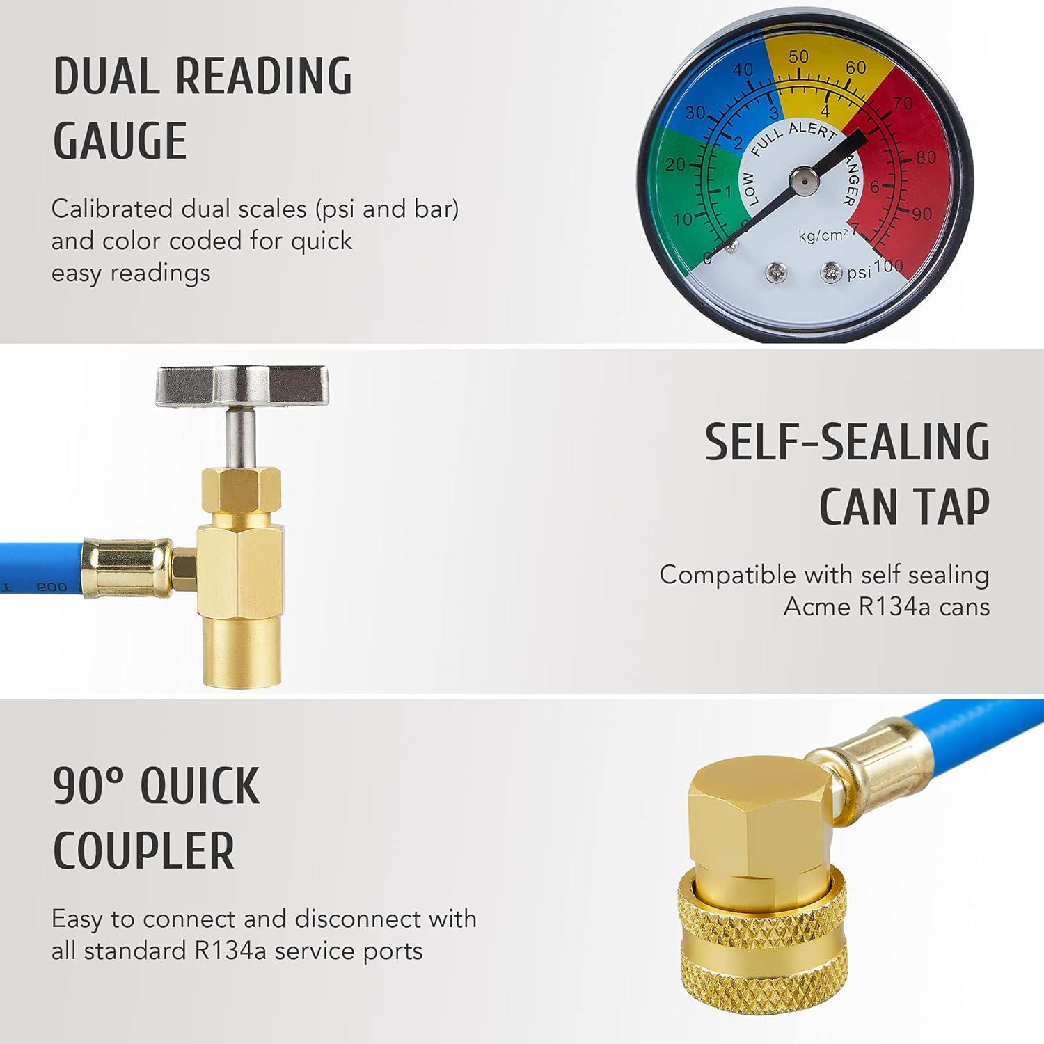 Orion Motor Tech AC Recharge Kit for R134A Systems, R134A AC Charge Kit with Hoses, Self Sealing Can Tap, and Quick Coupler, Auto AC Recharge with 4 Oil Testers and Retrofit Port image number 1