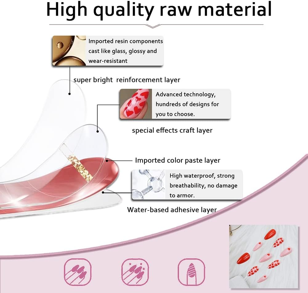 Red Heart Press on Nails Medium Valentine&rsquo;S Day Coffin Fake Nails Glue on Nails with Nail Adhesive Almond Shape Heart Exquisite Design Stick on Nails for Women and Girls 24Pcs image number 4