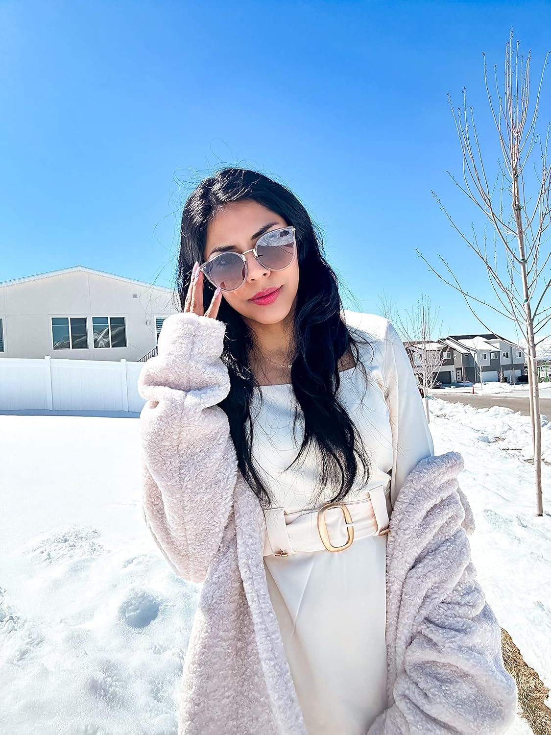 FEISEDY Vintage Polarized Cat Eye Sunglasses for Women Oversized round Sunglasses anti Glare B7000 image number 4