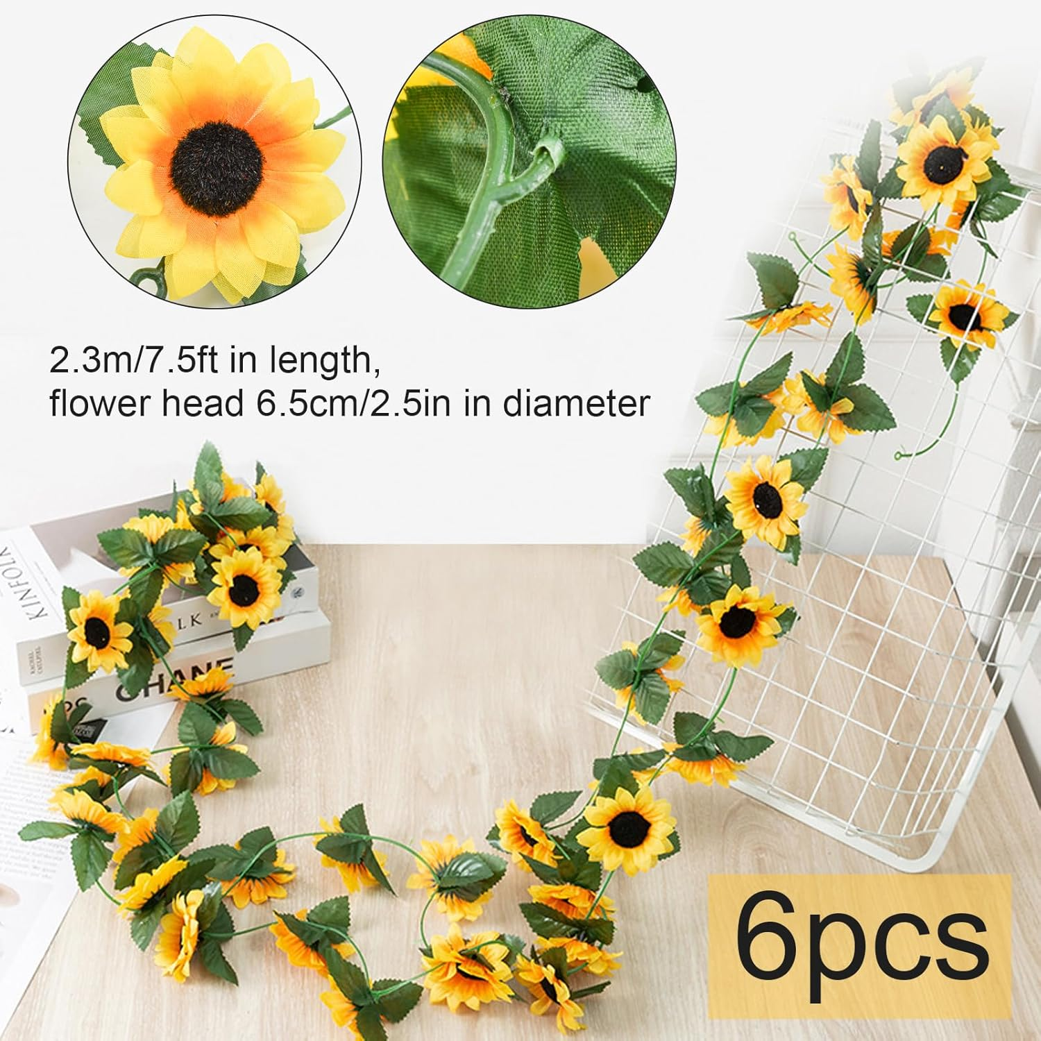 Bacucine 6Pcs Artificial Sunflower Garland 7.5Ft Silk Sunflower Hanging Vine Artificial Flowers with Green Leaves for Home Wedding Party Garden Table Decor image number 3