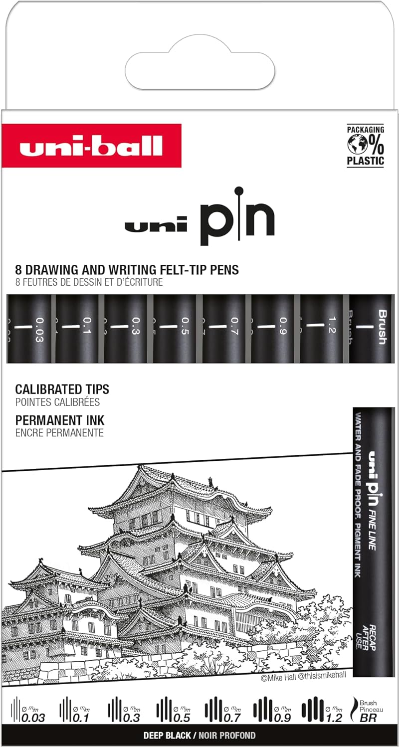 Uni-Ball Pen Case 8 Pack Calibrated Markers 0.03 to 1.2Mm Black Classic Set I image number 1