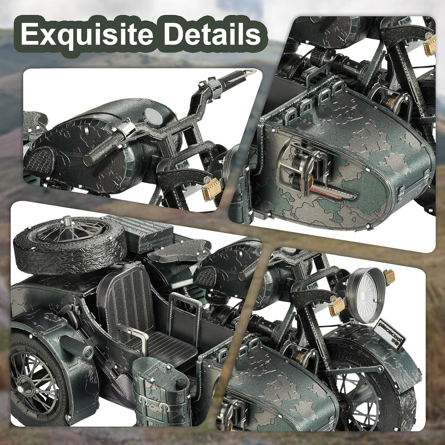 Piececool 3D Puzzles for Adults, Motorcycle with Sidecar Metal Model Building Kits for Family Time, Side Car DIY Assembling Arts and Crafts Best Birthday Gifts, Dark Green image number 5