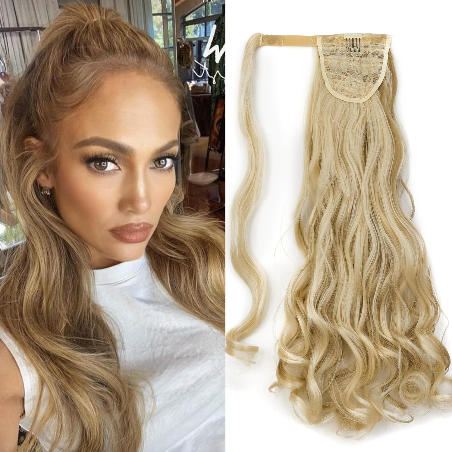 Gairyan Clip in Ponytail Extensions 24 Inch Golden Brown Hair Extension Long Curly Wave Ponytail Wrap around Pony Tails Synthetic Hairpiece for Women Natural Looking
