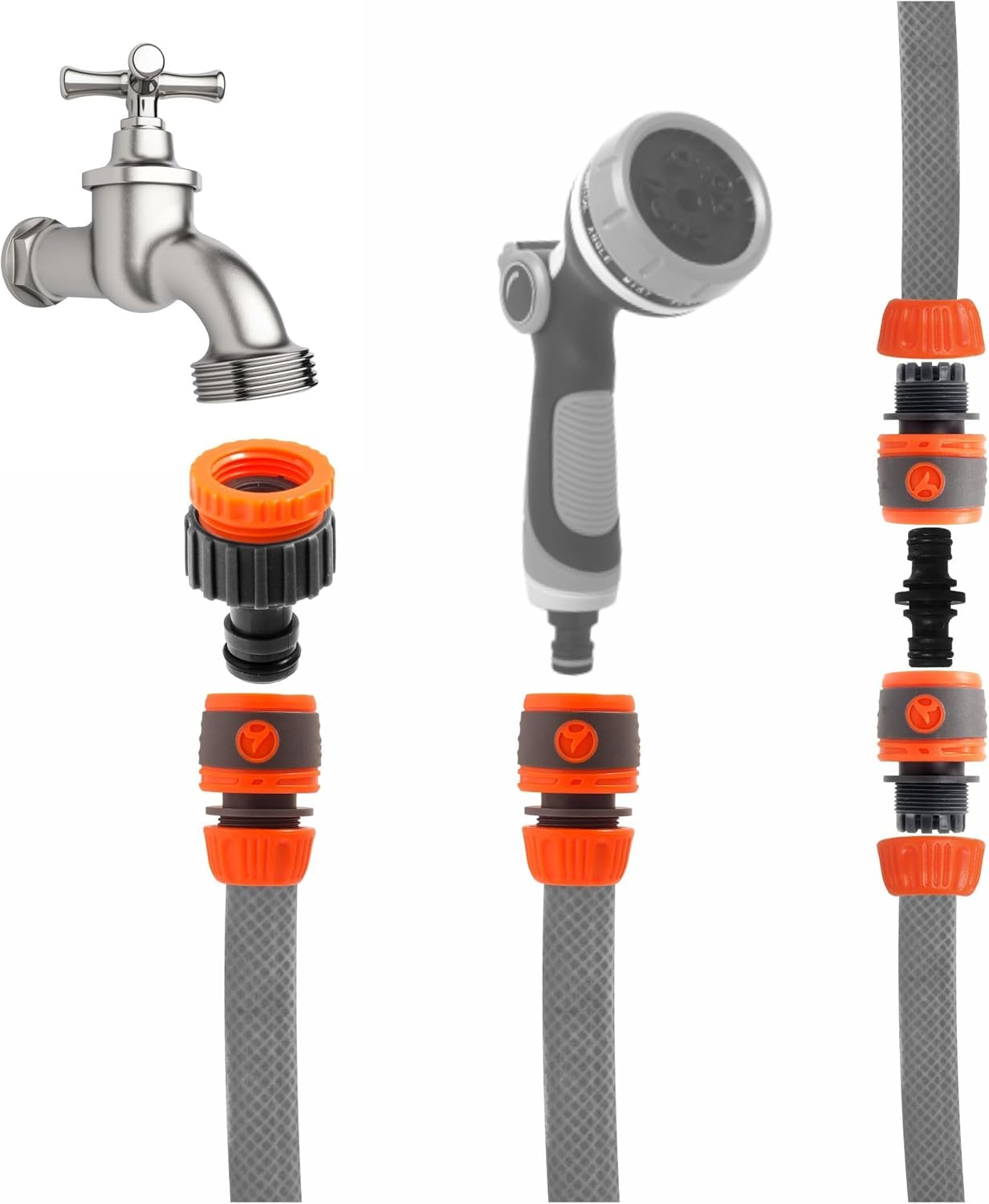 Garden Hose Connectors Set, Hose Pipe Connector Set, outside Tap Connector, Water Hose Spray Gun for Plants, Lawns Watering, for Hose Water Hose to Tap Connectors Adapter for Tap 3/4'' 1/2'' image number 2