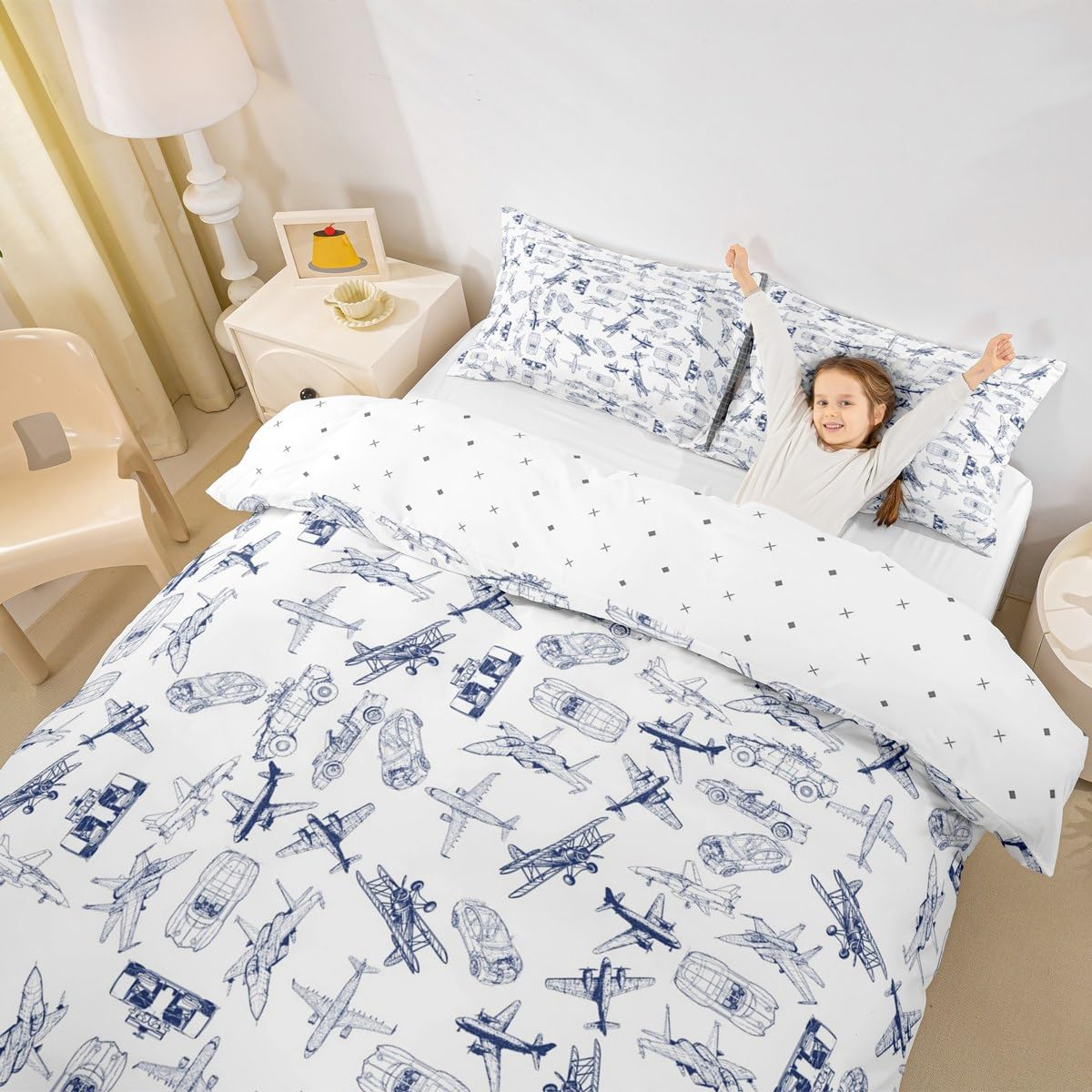 Aircraft Bedding Duvet Cover Set Kids Airplane Print Bedding Set Boys Girls Decor Aircraft Flying Comforter Cover Set Microfiber Sketch Style Blue White Bedspread Cover Bedroom Bedclothes Queen Size image number 2