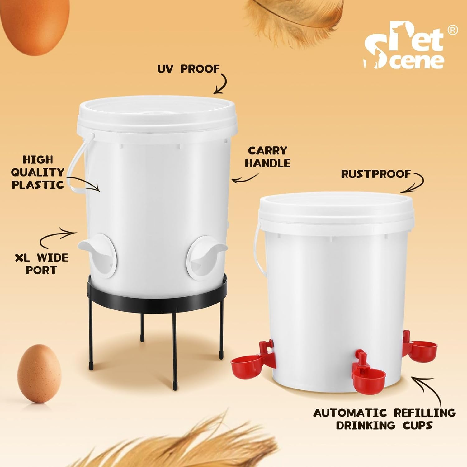 Pet Scene 20L Chicken Feeder Waterer Set, Raised Stand Auto Water Food Dispenser for Chook Hen Chick Poultry, with Drinker Cup, PVC Feeding Port image number 1