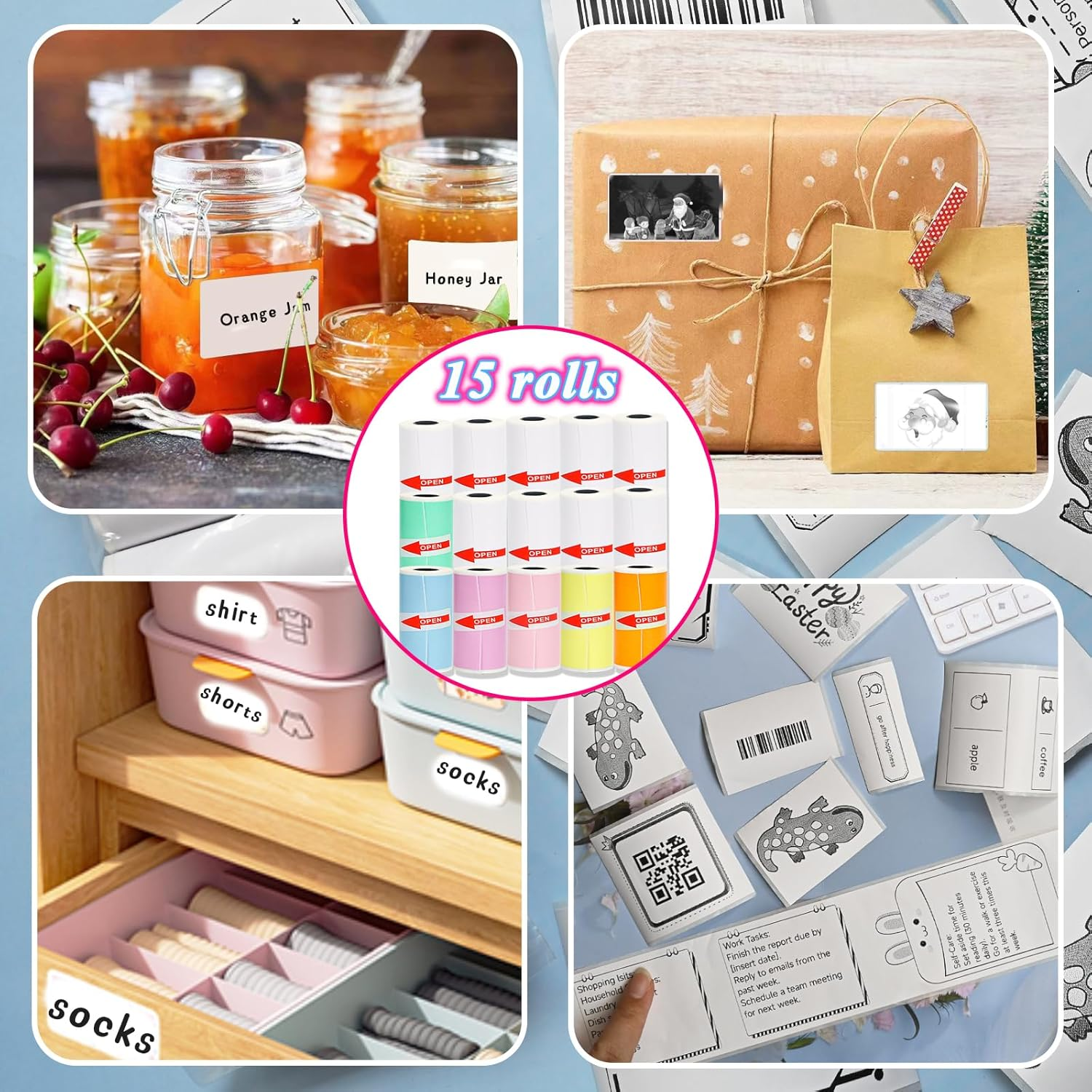 Rifanda 15 Rolls Thermal Sticker Paper 53X28Mm for Phomemo T02/M02/M02S/PRO Mini Printers, 3.75M Mini Colorful Self-Adhesive Mini Printer Paper for Memoking Mini Printer, Study Notes, Journals, Photos