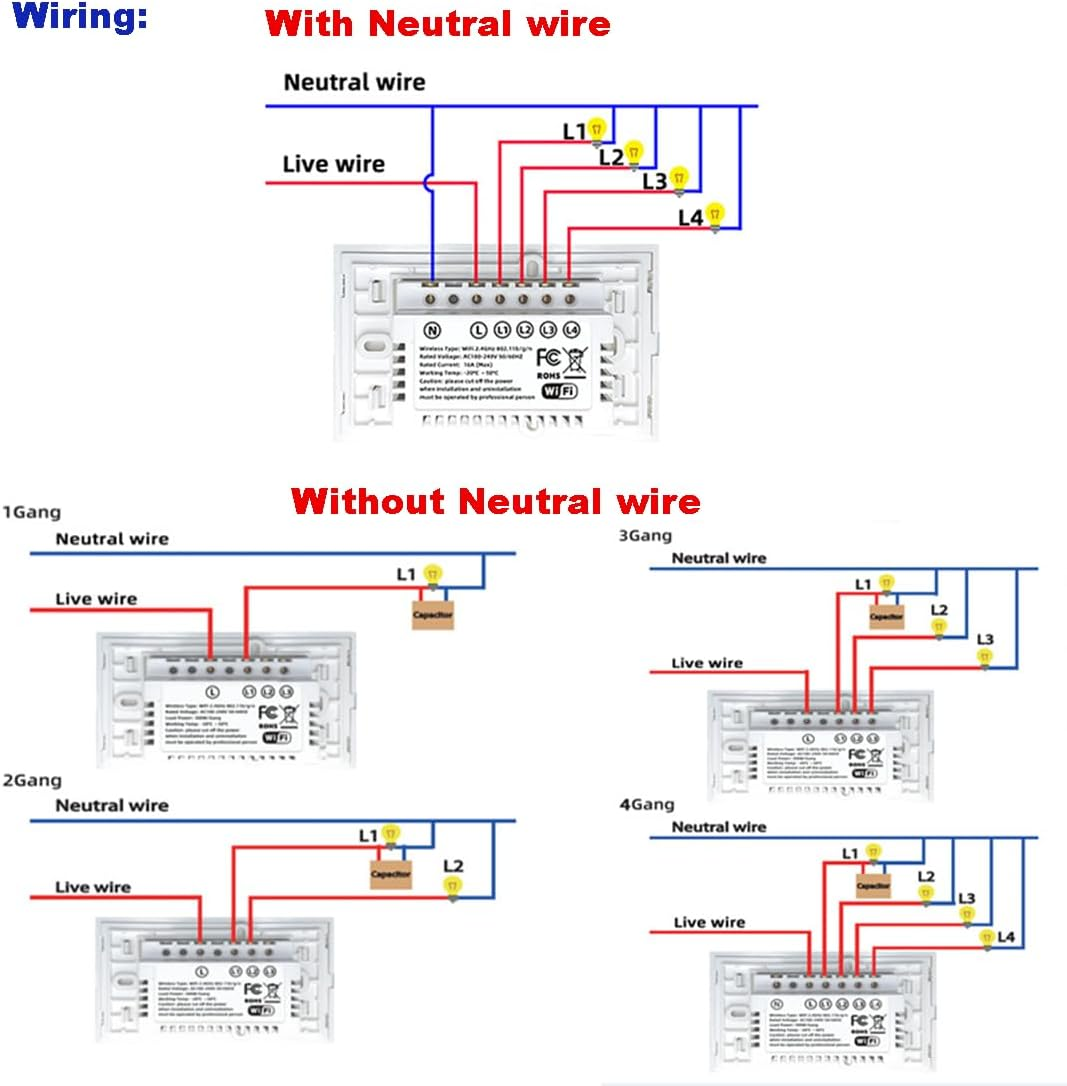 Uantii Smart Switch Tuya Wifi Switch Alexa Switch Timing Schedule Wireless Switch, Compatible with Alexa, Works with Google Home (Black, 4 Gang)