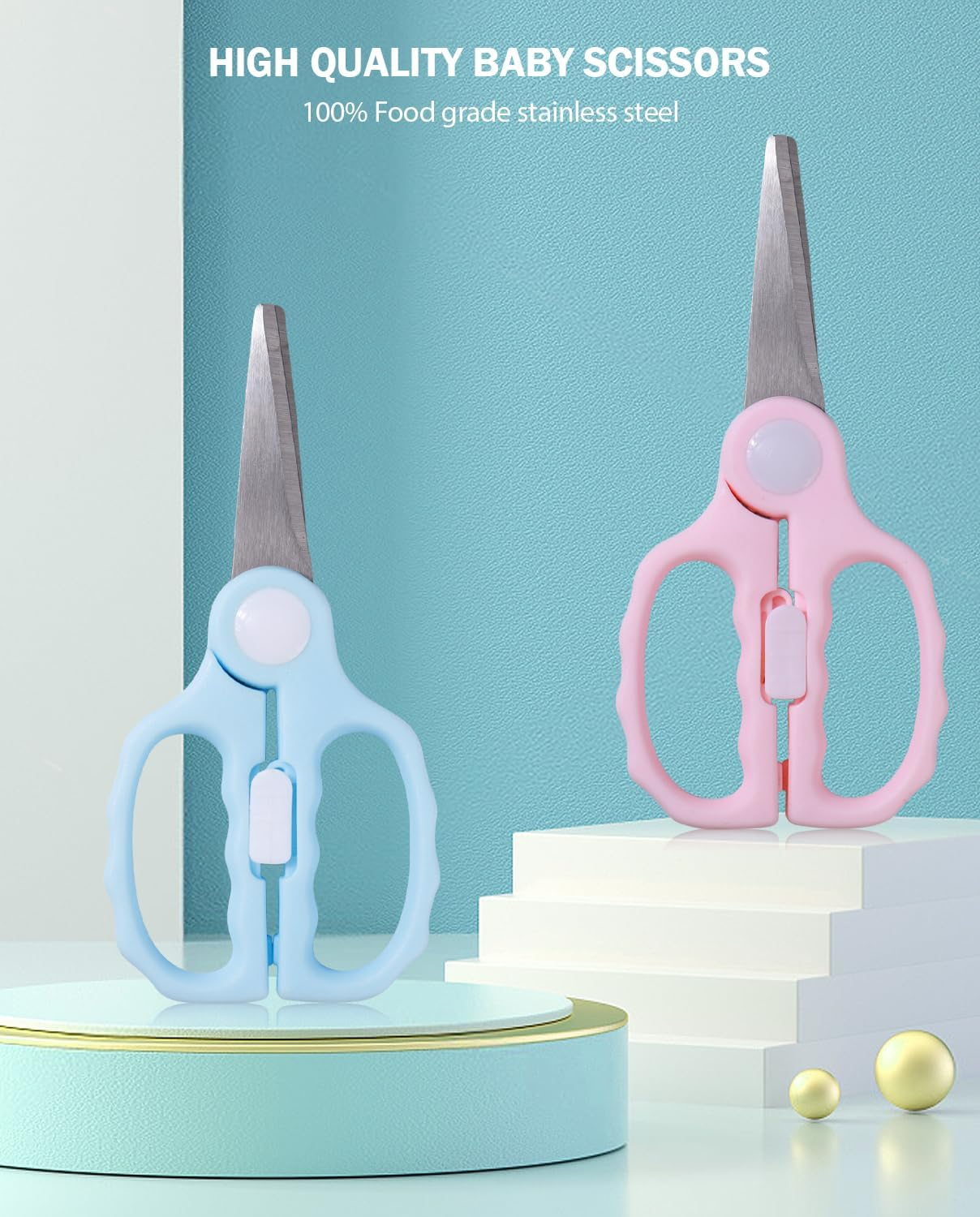 Baby Food Scissors Kicthen Shears,2Pack Portable Healthy Cute Kids Scissors Stainless Steel Scissors with Safety Lock and Storage Case - Ideal for Cutting Meat, Chicken, Vegetables, and Fruits - Multicolored image number 5