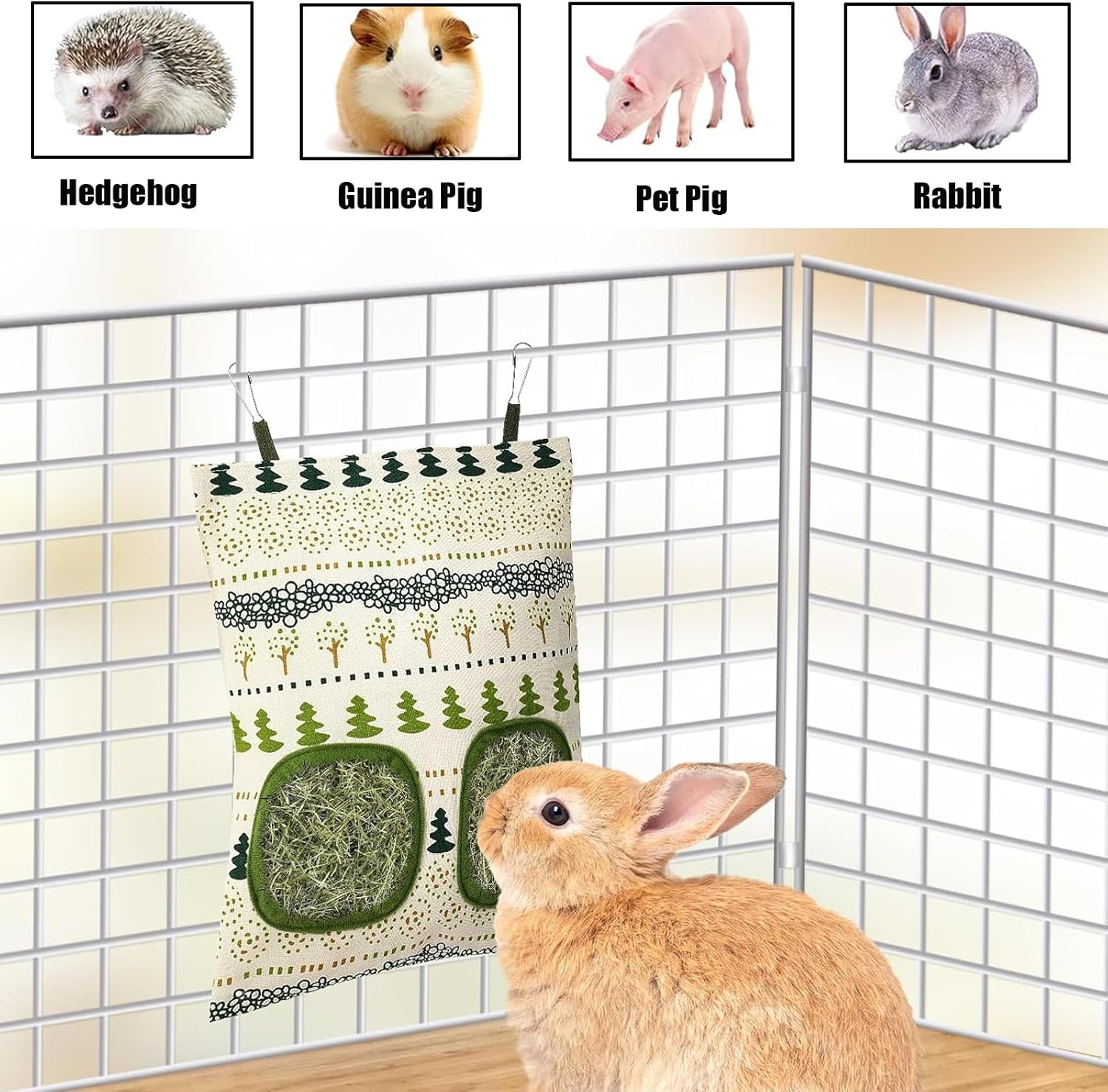 Xutong Pack of 3 Rabbit Hay Feeding Bags, Suitable for Small Rabbits, Hamsters, Guinea Pigs, Small Pets and Animals, Pink, White, Green image number 1