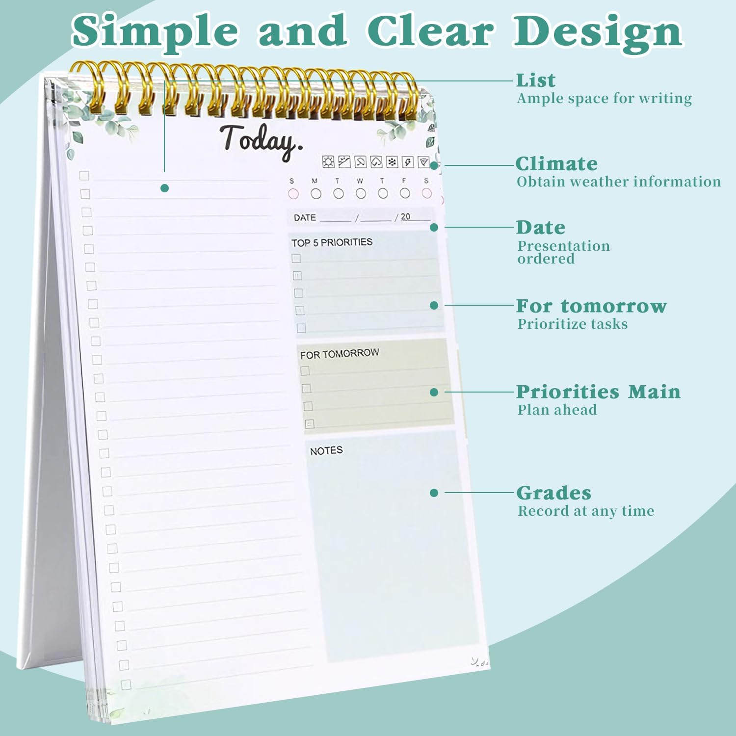 Doublecare 2 Packs To-Do List Notepad, A5 Daily Planner Notepad, Totally 208 Pages Undated Planning Pads with Task Checklist, Spiral Binding, 120 GSM Paper, PVC Cover for Home, Office & School Supplies - Green image number 3