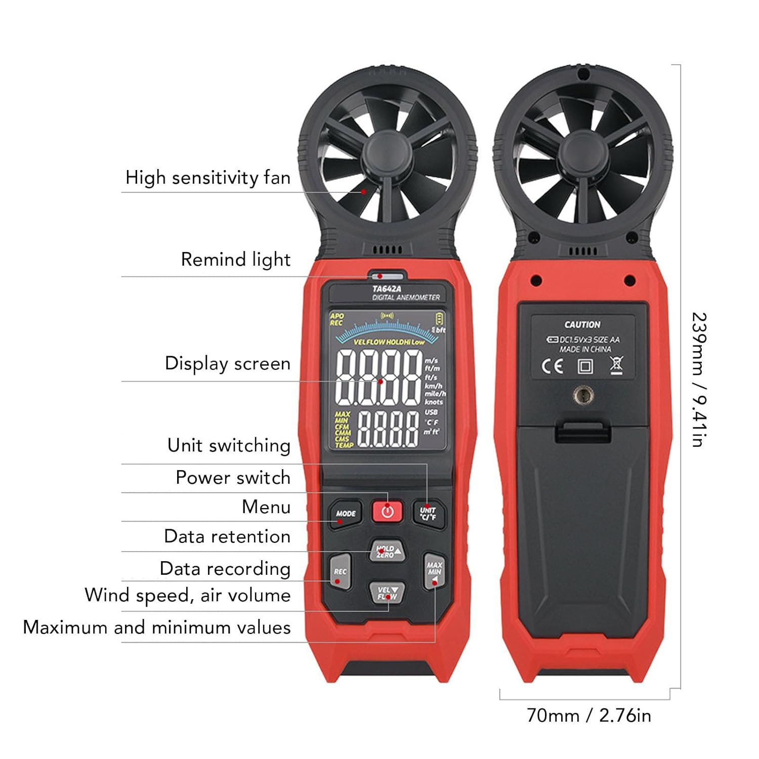 8 Vane/Wing Handheld Anemometer for Wind Speed Temperature Airflow Measurement, Wind Speed Temperature Airflow Measurement with Easy Switching between Units for Data Tracking
