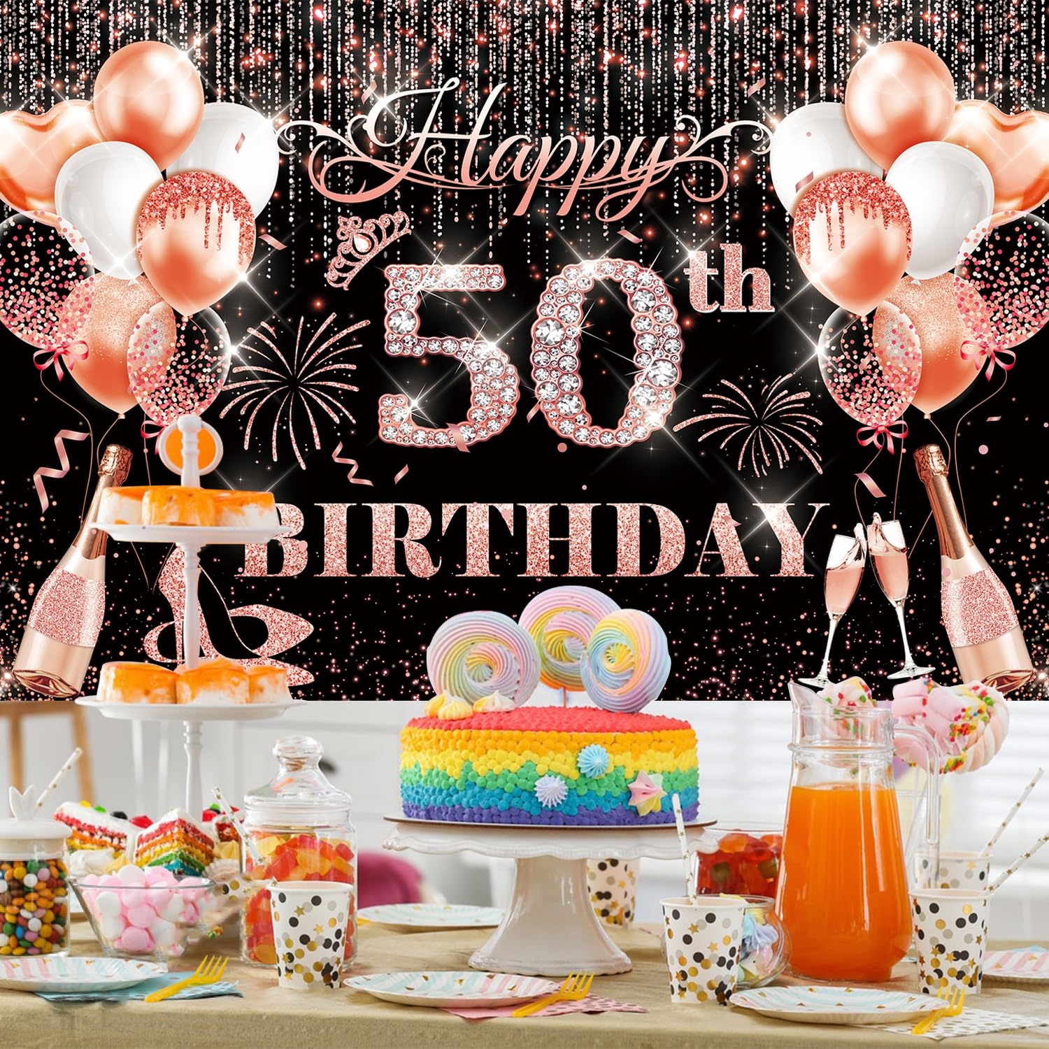 50Th Birthday Decorations for Women Her, Rose Gold 50Th Happy Birthday Banner Backdrop Decor Welcome Background Sign for Fifty Year Old Birthday Party Supplies Indoor Outdoor 71 X 45 Inchs - Color image number 7