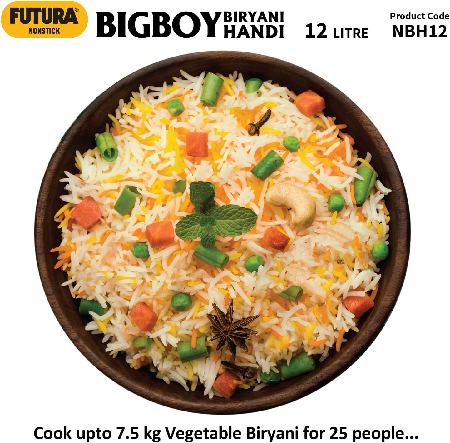 Hawkins Futura 12 Litre Bigboy Biryani Handi, Non Stick Pot with Hard Anodised Lid, Sauce Pan for Cooking and Serving Biriyani, Black (NBH12) Aluminium image number 5