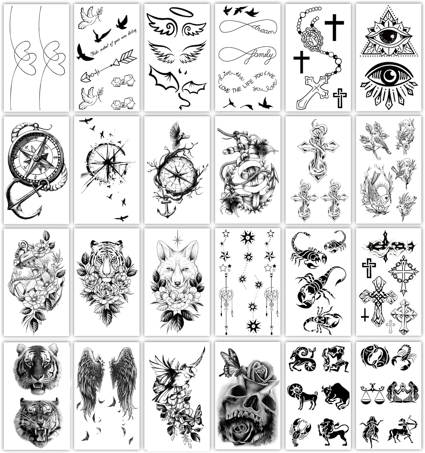 Yazhiji 36 Sheets Temporary Tattoos Stickers, 12 Sheets Fake Body Arm Chest Shoulder Tattoos for Men or Women with 24 Sheets Tiny Black Tattoos image number 5