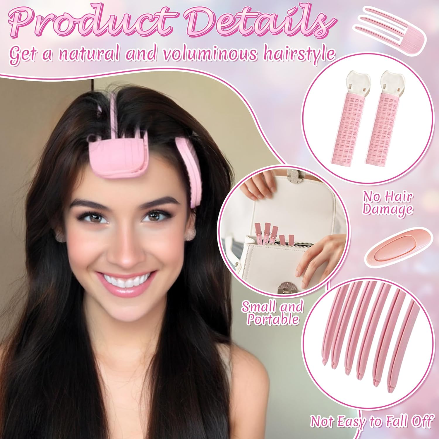 Wood Homing Hair Clips Set - 11 Pieces Easy High Crown Volume Root Clips for Fluffy Bangs, No Crease Volumiser Tool Hair Accessories for Women Girls Natural Puffy Lifting Roots Curly (Pink) image number 4