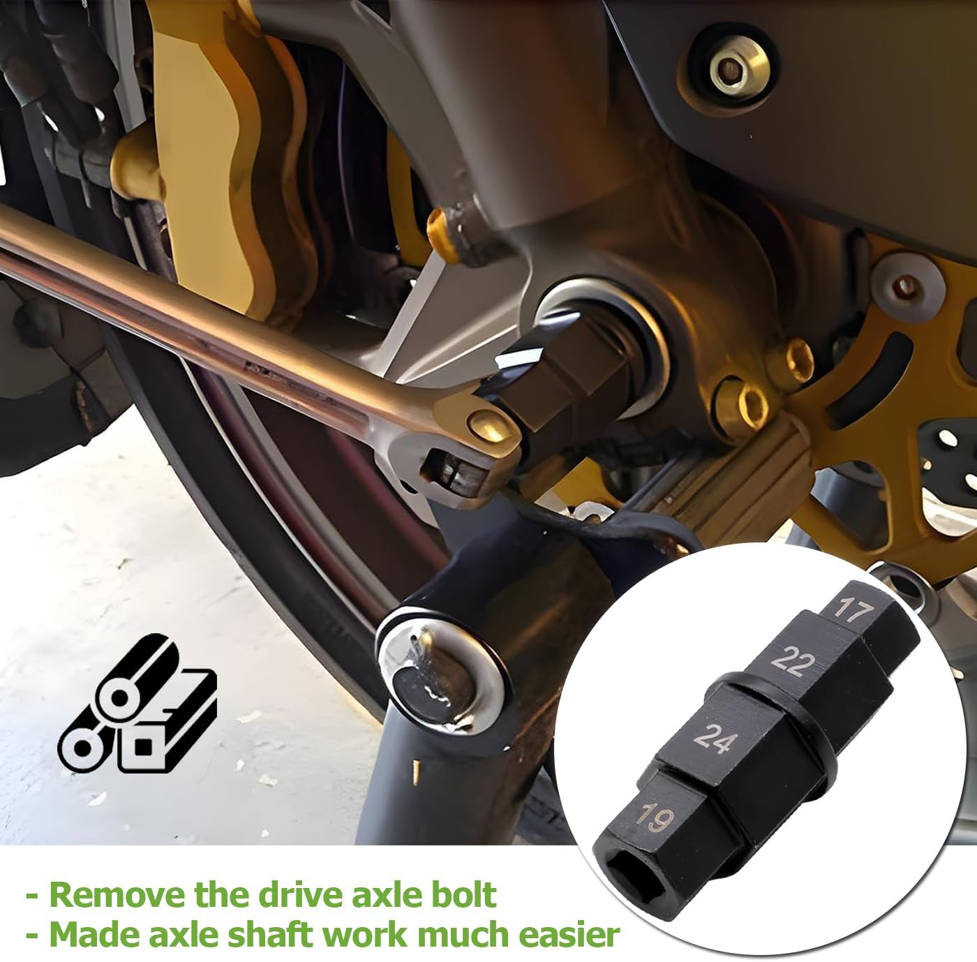 Bestgle Motorcycle Axle Tool, 4 in 1 Motorcycle Hex Axle Removing Kit 3/8" Wheel Hub Hex Axle Spindle Socket Driver Removal Tool Universal Hex Allen Spindle Socket Adapter Set, 17/19/22/24Mm image number 5