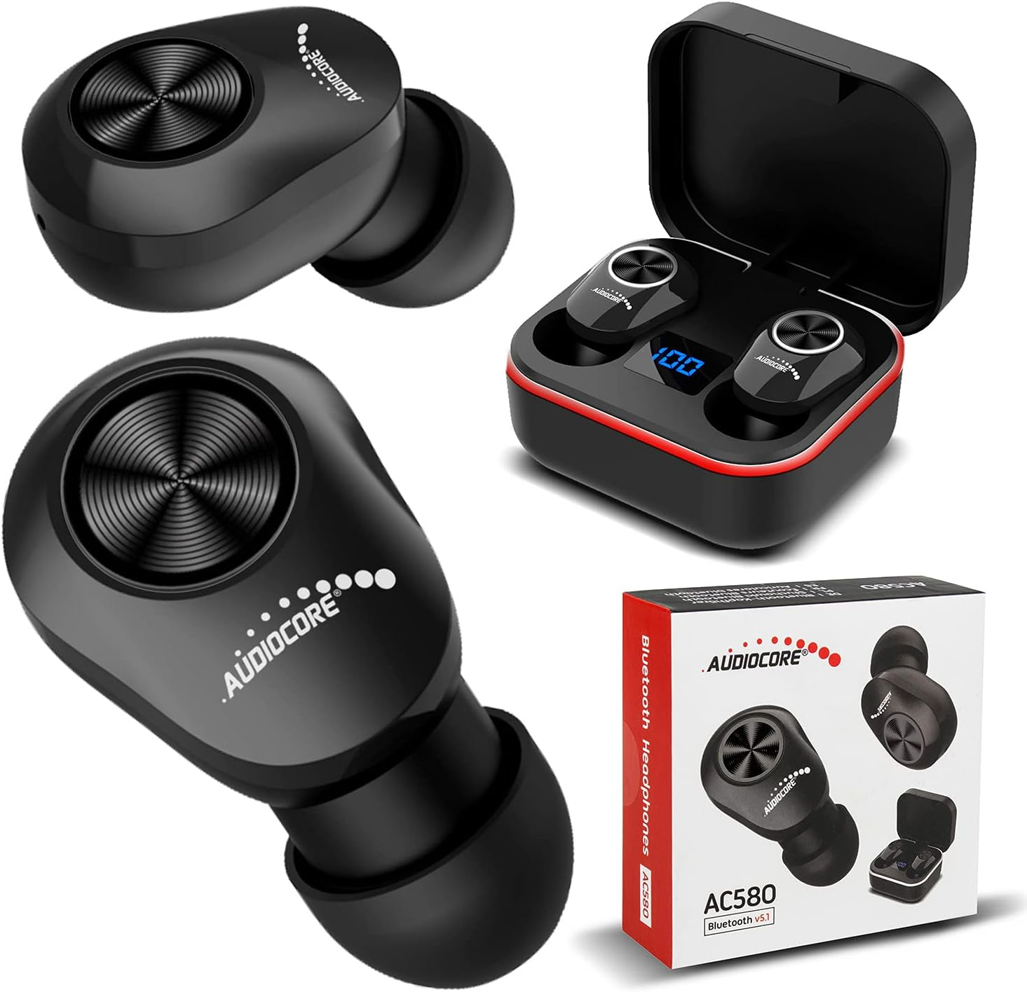 Audiocore AC580 TWS Bluetooth In-Ear Headphones with Charging Station and Built-In Microphone Touch Technology Wireless Earphones True Wireless Stereo BT5.1 Charging Box with Display Black image number 5