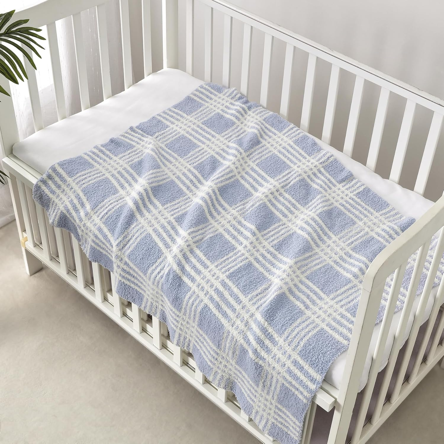 CREVENT 76X102Cm Cozy Soft Warm Chenille Baby Blanket for Girls Boys, Newborn Essentials for Infant, Baby Shower - Blue Check image number 1