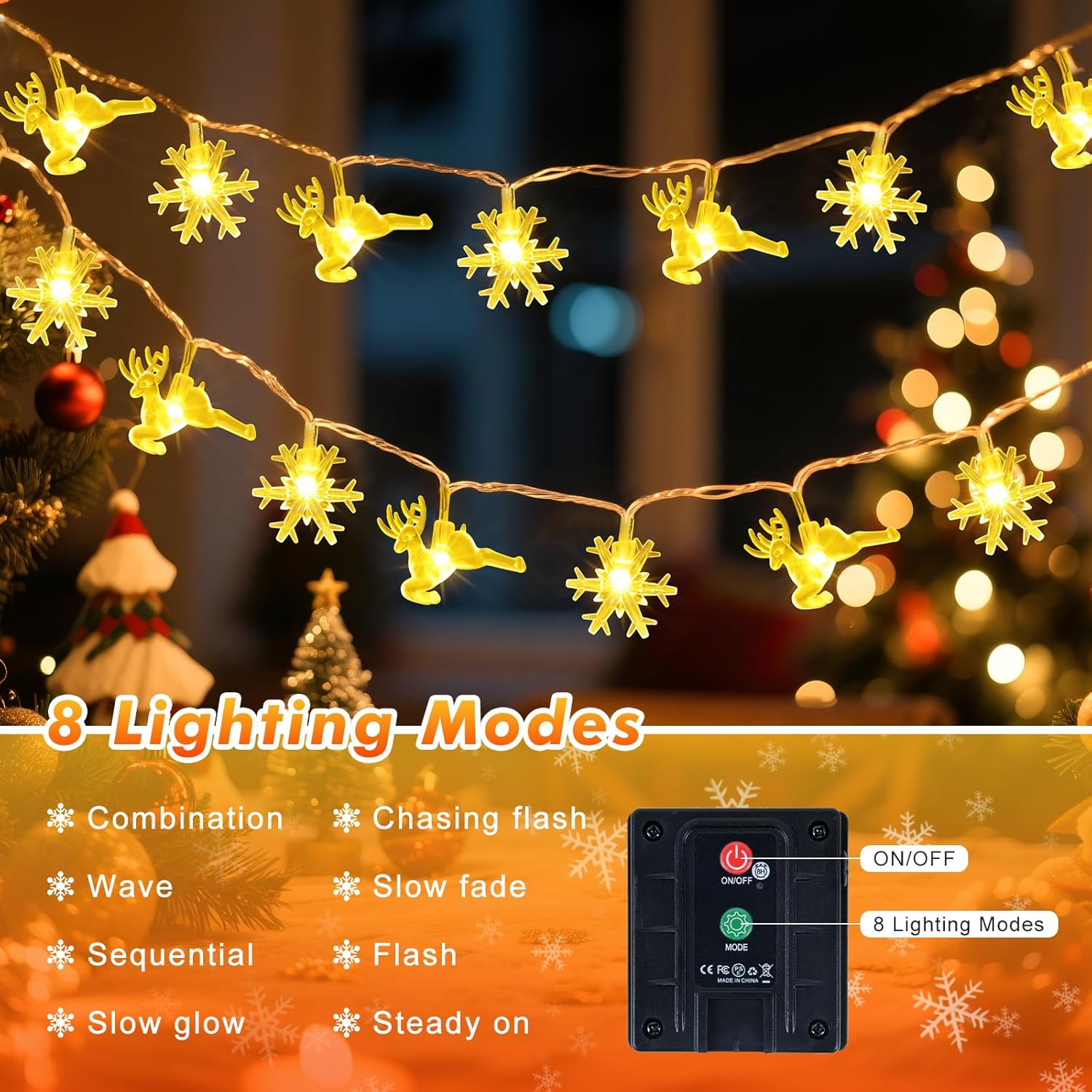 Qoosea Solar Snowflake Fairy Lights Christmas Outdoor, 7 M 50 LED Reindeer Solar Christmas Lighting IP65 Waterproof, 8 Modes Solar Lights, Christmas Decoration for Garden, Balcony, Wedding, Warm White image number 1