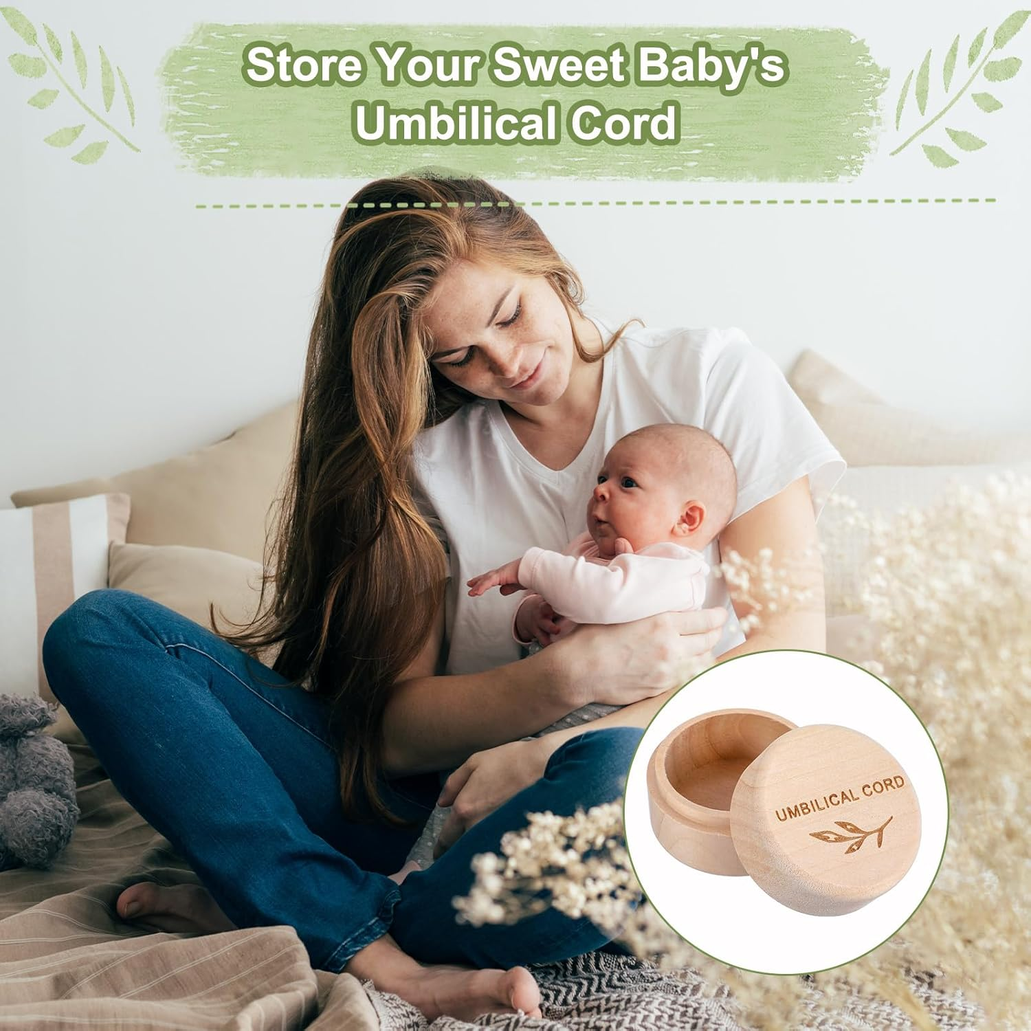 Umbilical Cord Memorial Box Engraved Wooden round Newborn Wood Case Baby Keepsake Tooth Box Fetal Hair Memorial Storage Container Carved Baby Fetal Hair Case for Babys Shower Pregnancy Christen Gift