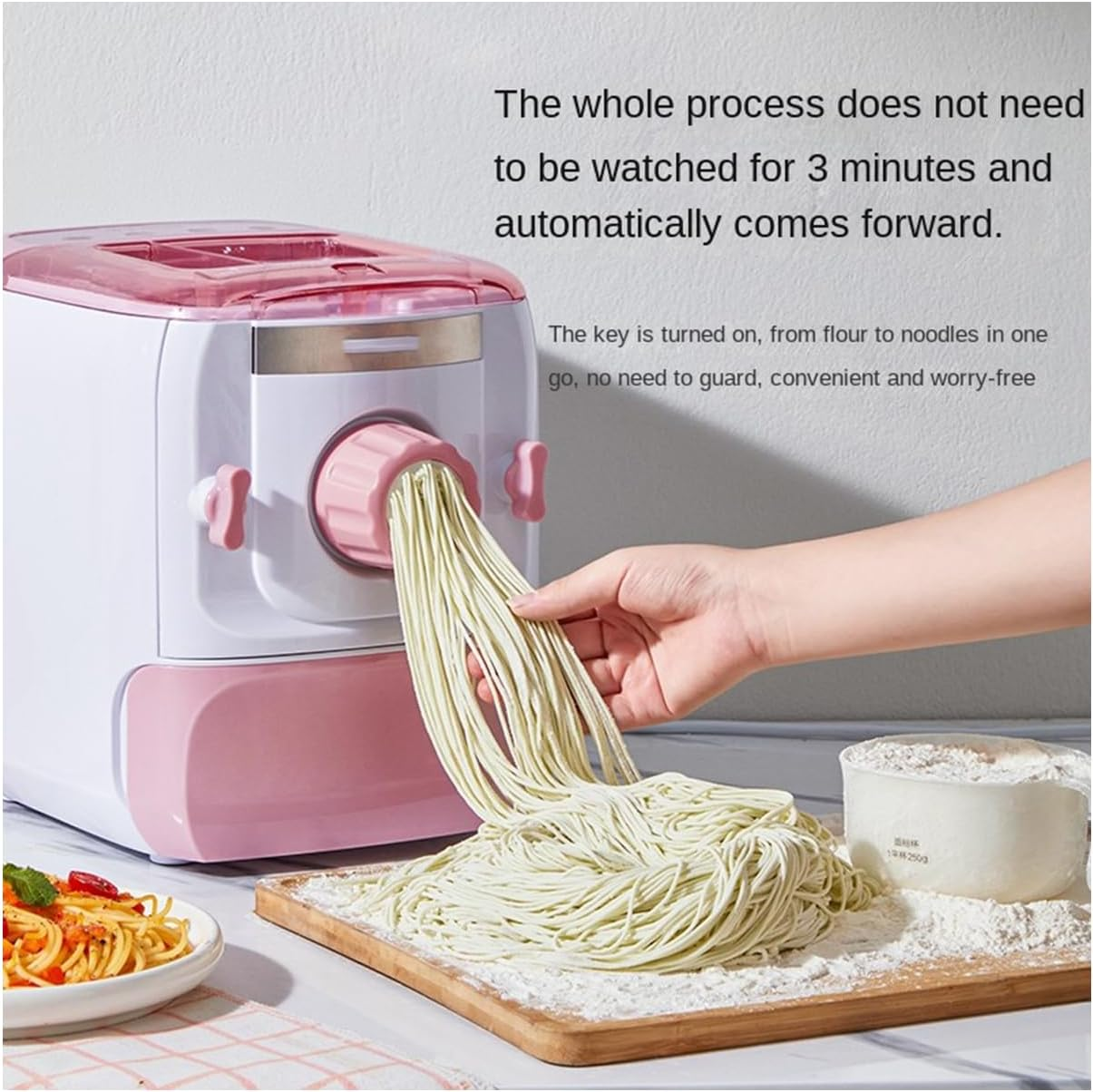 Noodle Maker, Multifunctional Noodle Press, 500G Capacity, with 7 Noodle Molds, 3 Minutes Quick Baking, Hidden Storage Drawer, Vertical Design, Kitchen Gadget for Non-Stick Noodles