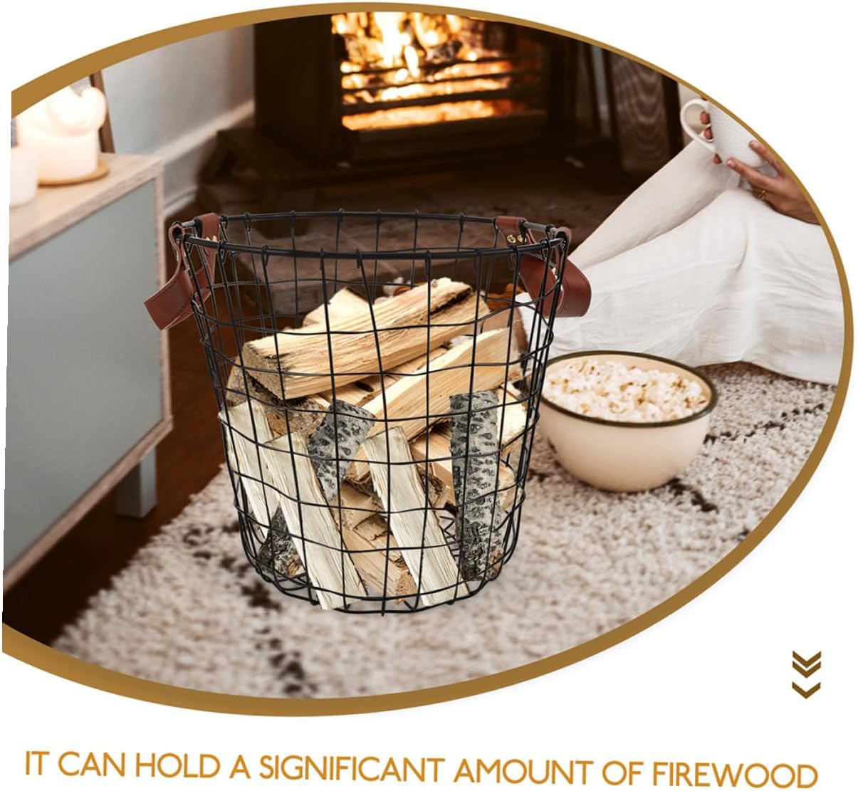 2Pcs Metal Firewood Organizer Basket with Portable Handle round Rustic Outdoor Storage Holder for Camping and Home Weather-Resistant Iron Log Carrier for Firewood and Sundries image number 3