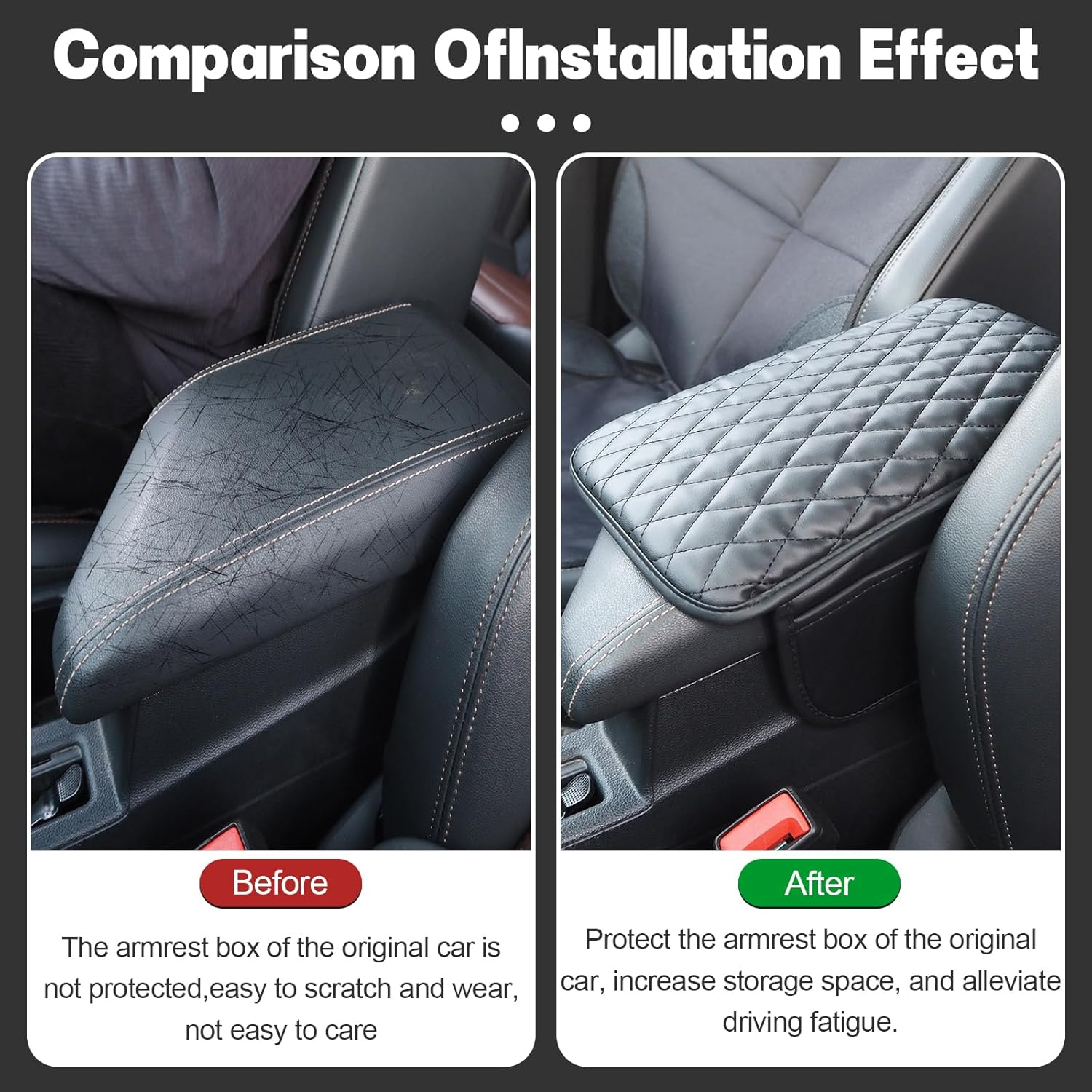 Car Armrest Cover, Universal Fit, Leather Armrest Support Elbow Rest Pillow, Center Console Soft Arm Rest Cushion Pad with Side Organizer, Car Accessories (Black #A) image number 6