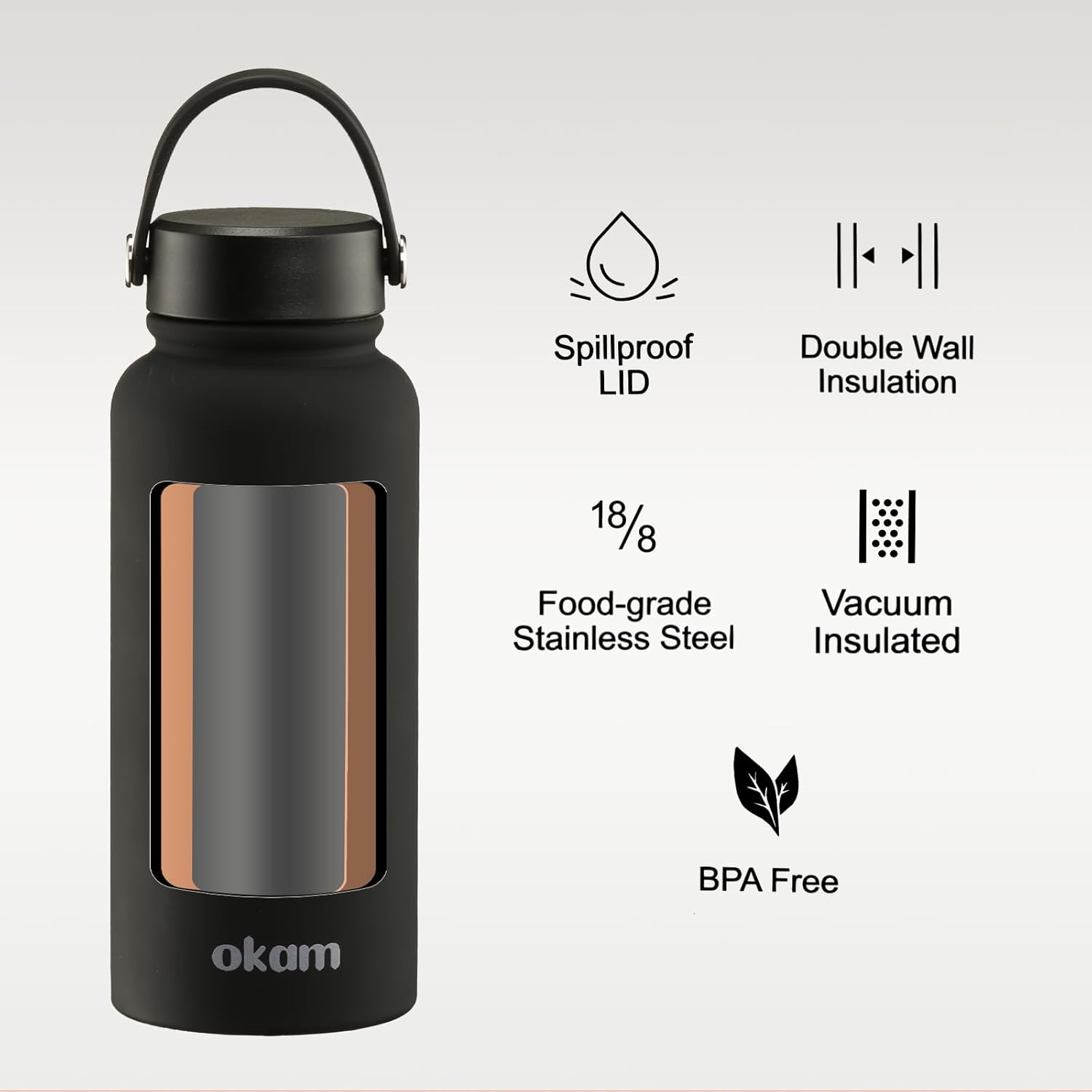 OKAM 950Ml Insulated Water Bottle - Stainless Steel Double Wall Waterbottle, Black, Vacuum Insulated, Bpa-Free, Leak-Proof Lid, Hot/Cold 12Hrs, Wide Mouth -Gym, Outdoor, Office Drink Bottles Insulated image number 3