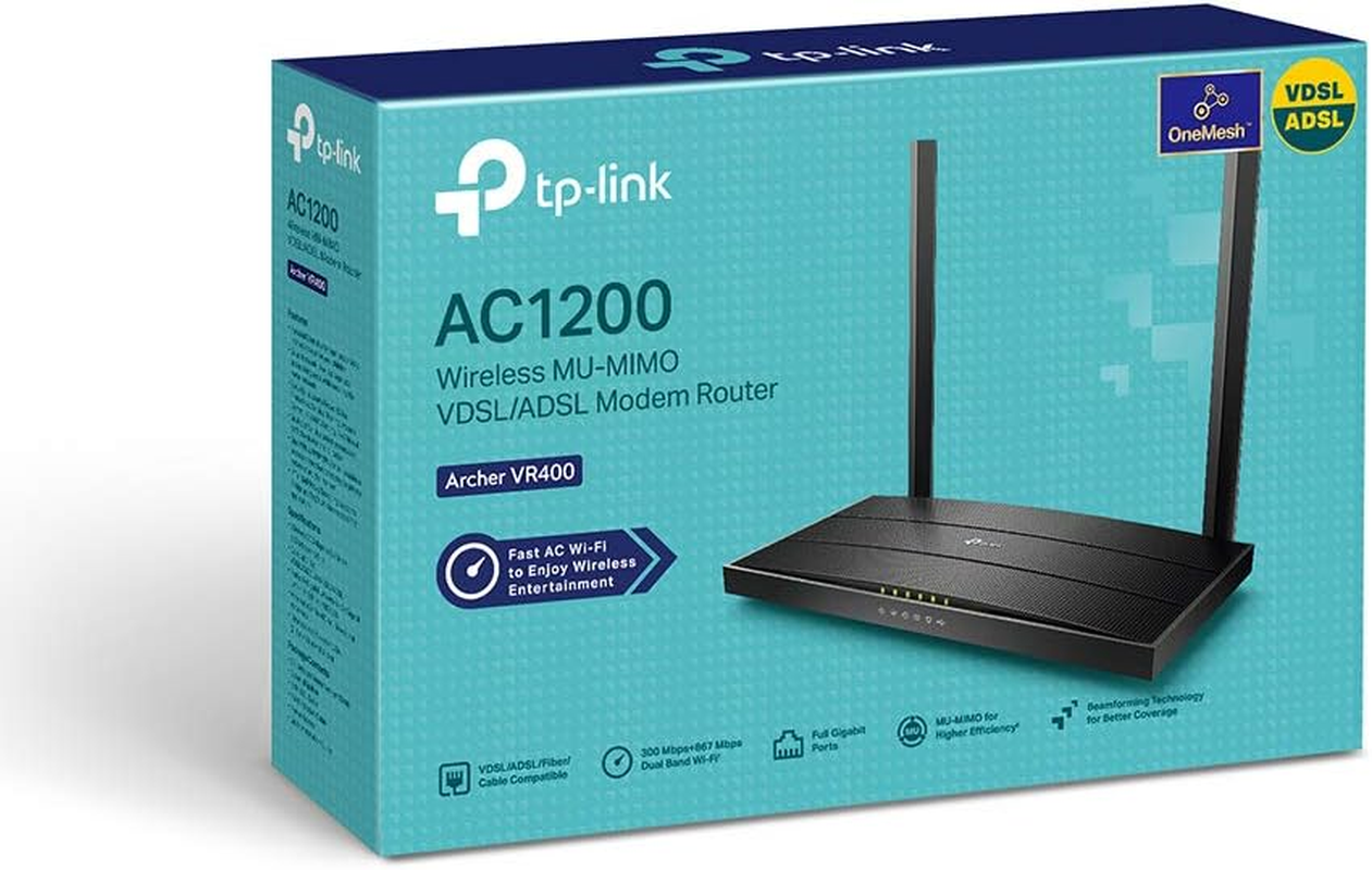 Tp-Link Archer VR400 Dual-Band Wi-Fi Router Ac1200Mbps, VDSL2 Profile 17A, VDSL/FTTC/FTTS/ADSL, 4 Gigabit Ports, 1 USB Port, RJ11, Onemesh Tp-Link Technology, MU-MIMO, Beamforming, Qos, Black image number 2