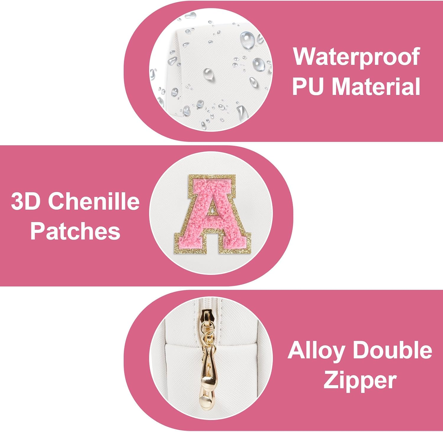 Personalized Makeup Bag Initial A-Z Preppy Patch Bag,Small PU Leather Travel Cosmetic Bag Pouch with Zipper,White Cute Toiletry Bag,Gift Ideal for Teen Girls Women Birthday Friend Mom,Letter A image number 3