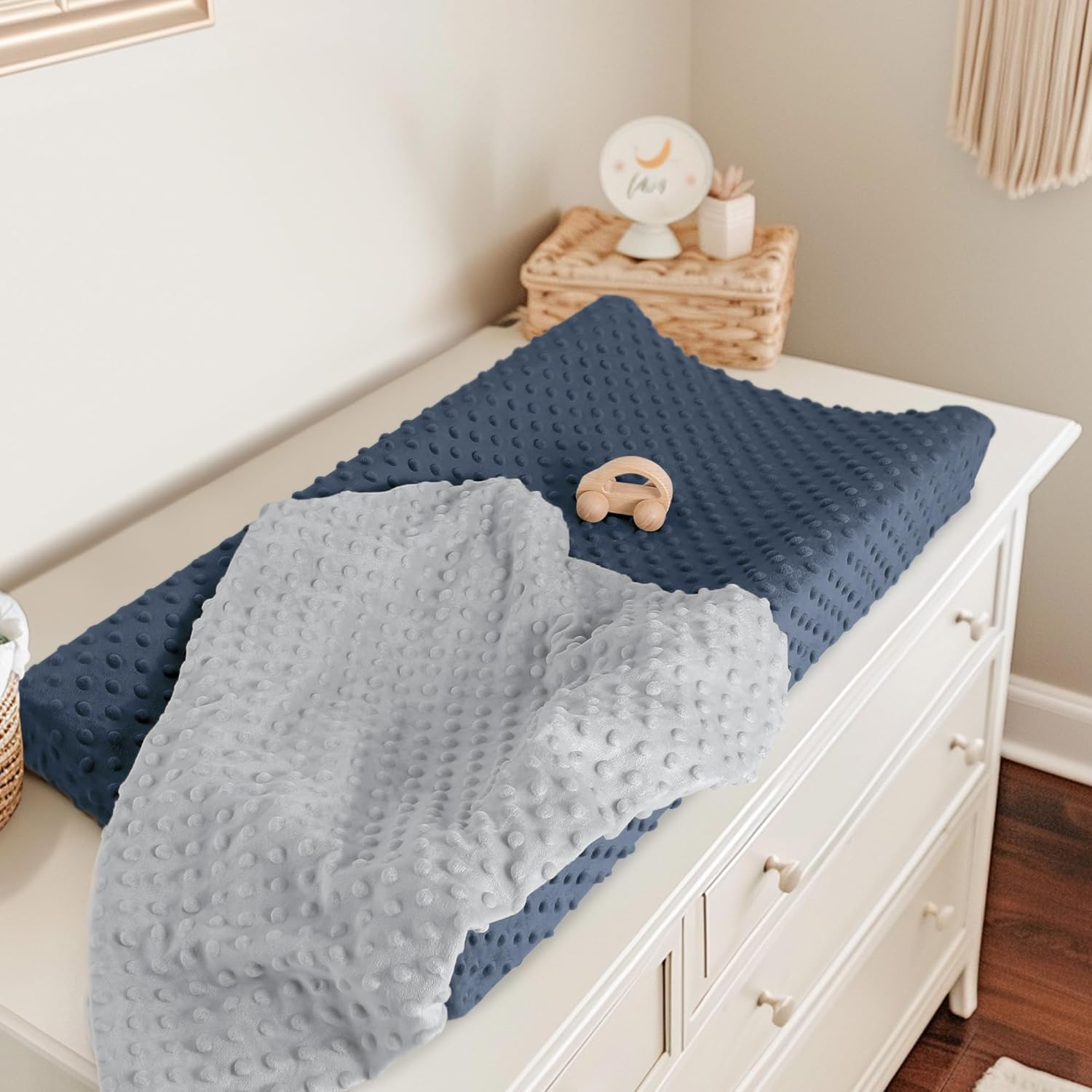 Susurration 2Pack Changing Pad Covers Super Soft Minky Dots Plush Changing Table Covers 33X17X7In Breathable Changing Pad Sheets for Unisex Baby Girls and Boys (Grey&Blue)