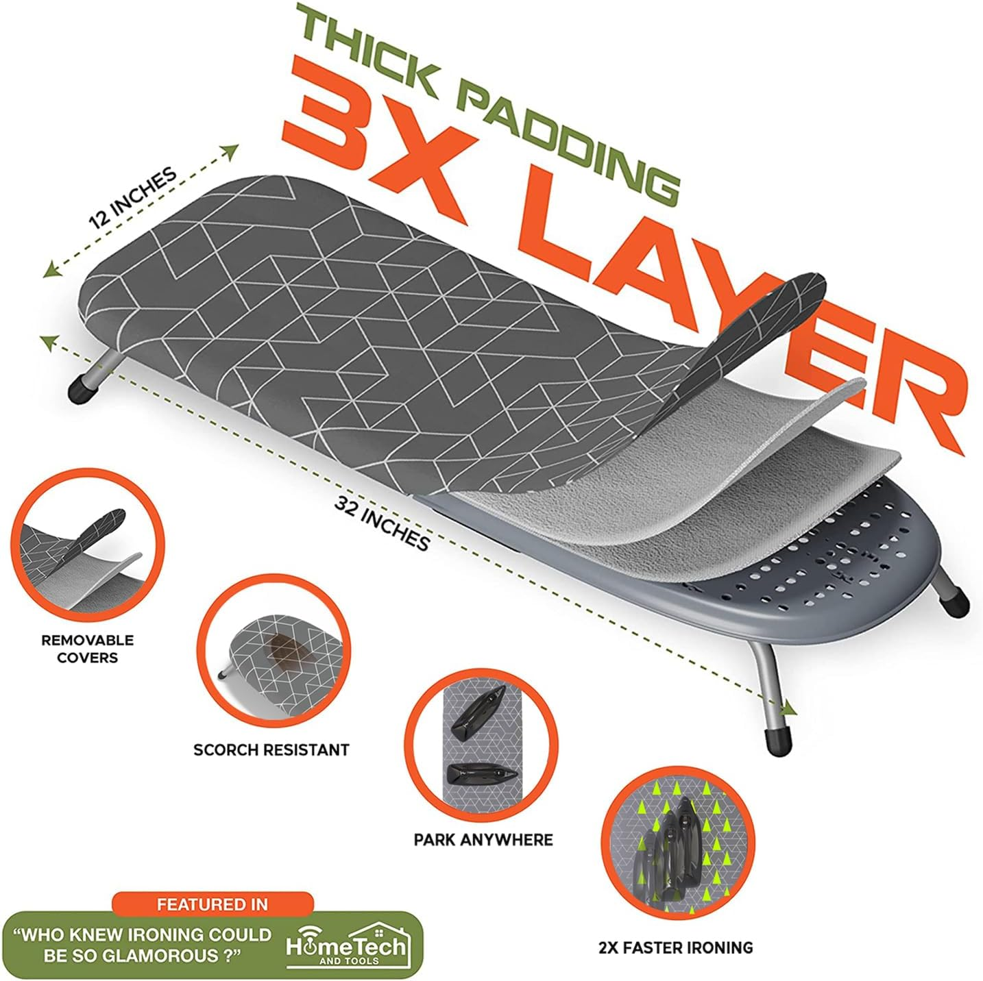 Xabitat Table Top Ironing Board W/Wall Mount | D-Crease | Portable Space Saving Mini Laundry Room Iron Board | Foldable Small Ironing Board with Iron Holder | Grey - Grey image number 6