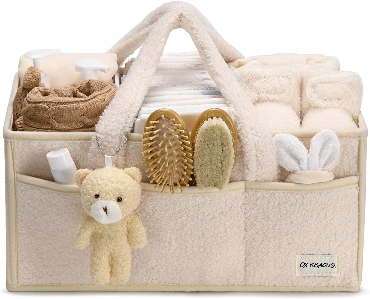 Baby Nappy Caddy Diaper Caddy Organizer, Baby Storage Basket for Diapers and Wipes (Ivory White, No Bear) image number 4