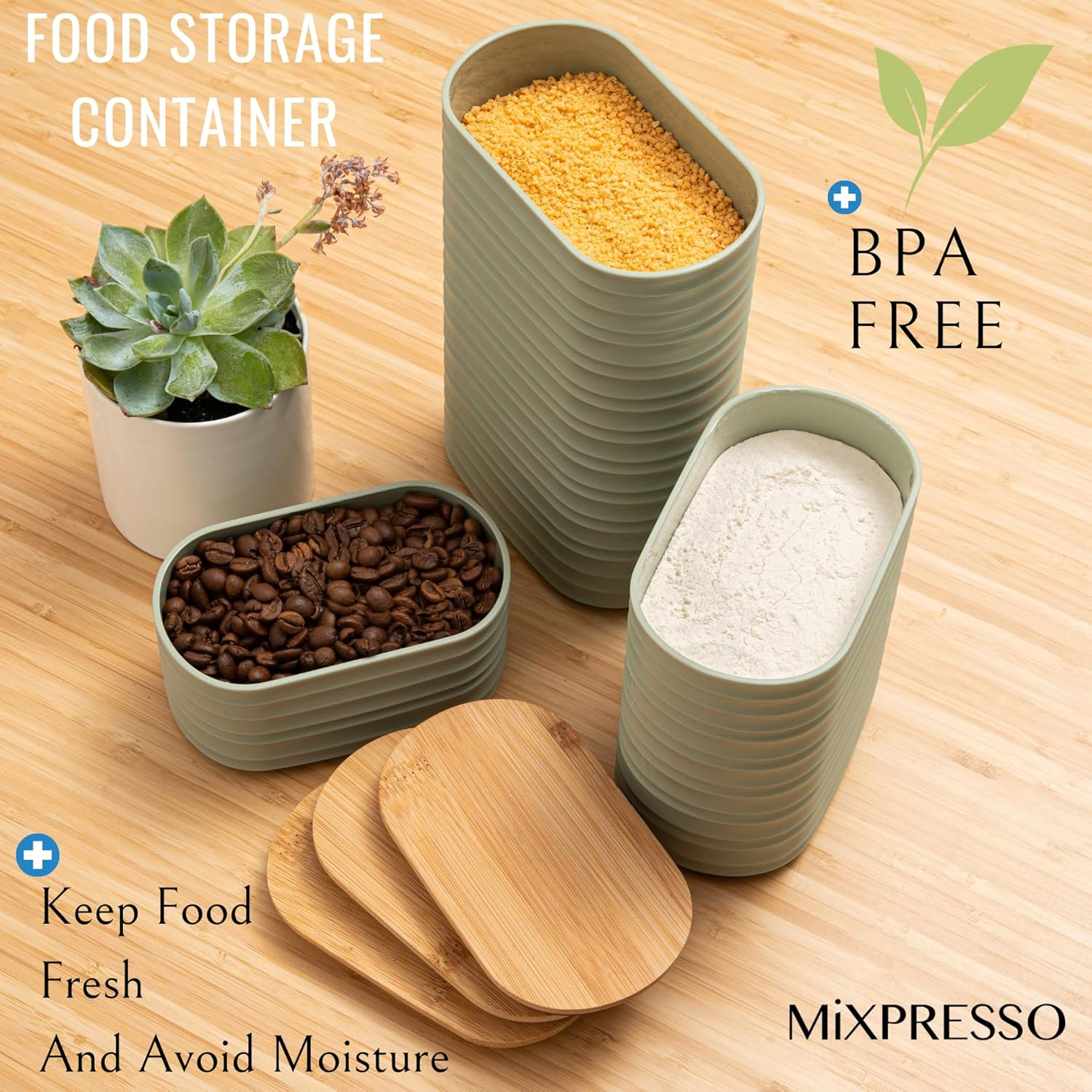 Mixpresso Olive Green Canisters Sets for the Kitchen &ndash; 3-Piece Airtight Plastic Sugar Container Set with Bamboo Lids in Three Different Sizes &ndash; Decorative Modern Storage Jars for Coffee &Tea - Black image number 4