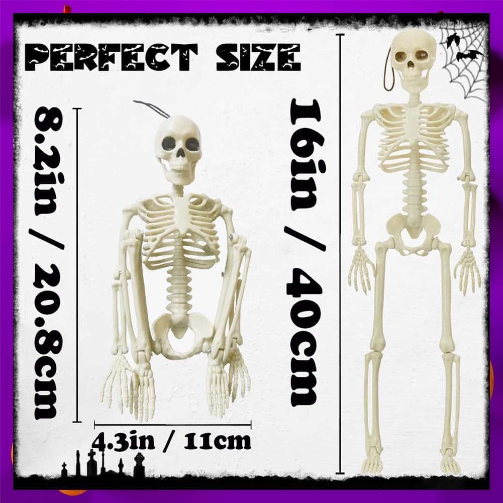 2 Pack Halloween Hanging Skeleton Decorations Full Body Posable Joints Skeletons 16 Inch Mini Skeleton Realistic Human Plastic Bones Halloween Outdoor Indoor Decoration, Halloween Skeleton Decor Movable for Haunted House Props Halloween Party Decoration image number 1