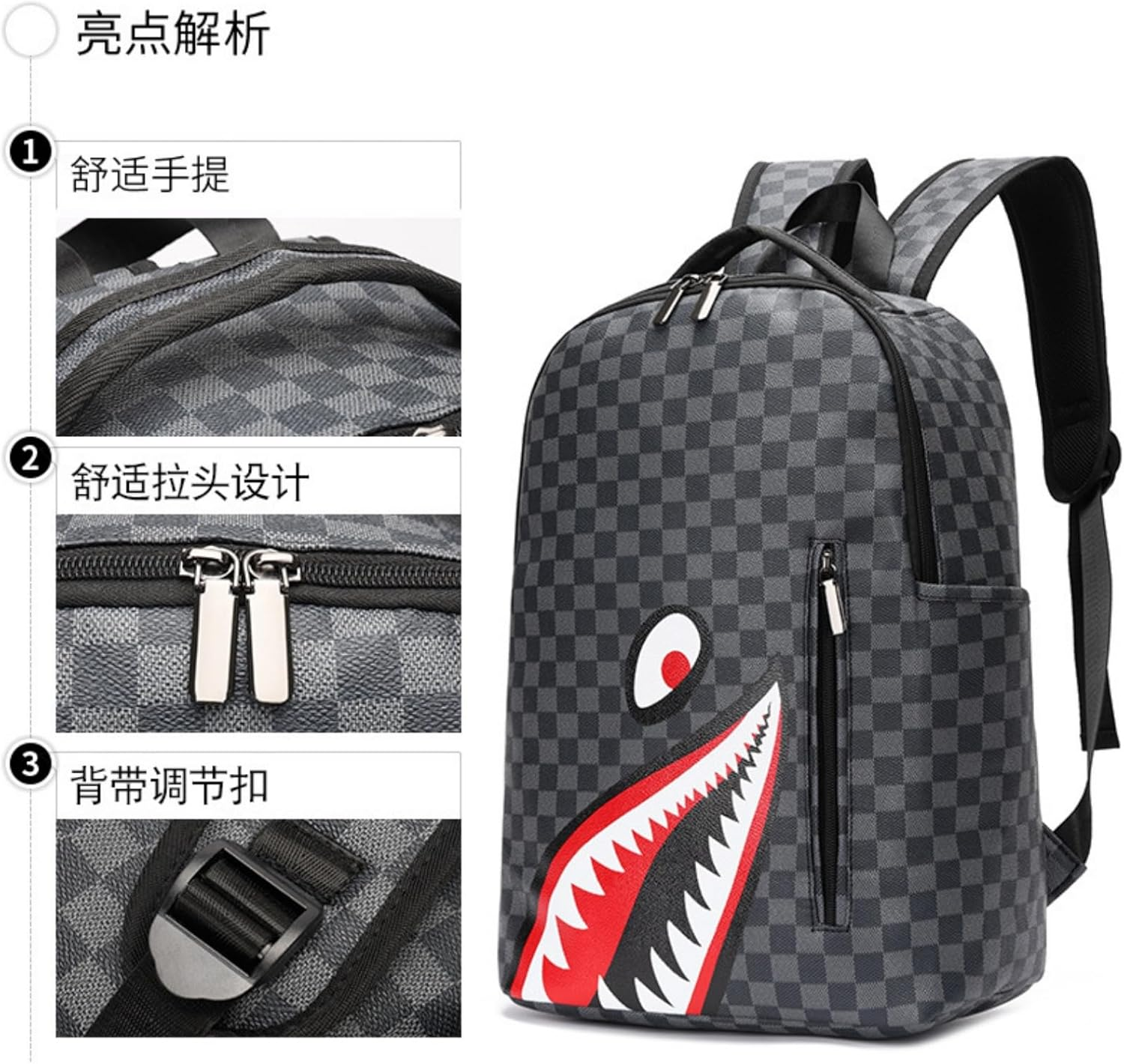 LGUANHJ Casual Shark Backpacks, School Bags, Laptop Backpacks, Travel Bags, for Students, Business and Travel - Plaid Black Section Three image number 3