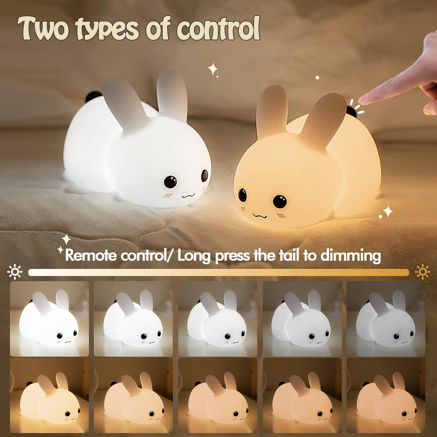 Silicone Night Light - Cute Bunny Lights for Kids Bedroom Baby Nursery, Girls or Boys -Portable USB Rechargeable Soft LED Lamp with Sensitive Touch Control - Snow White Bunny Lamp