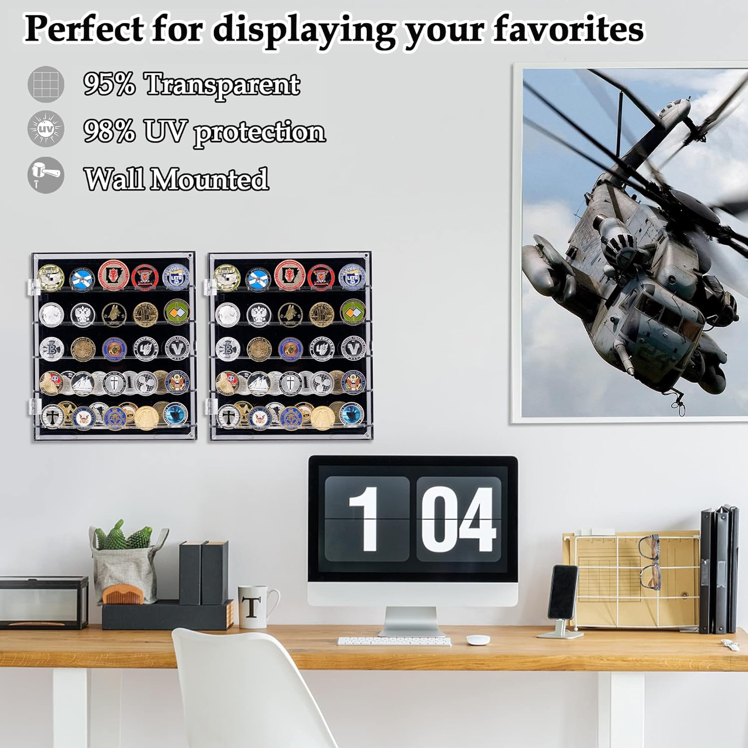 Military Challenge Coin Display Case Lockable Cabinet Rack Holder Shadow Box with Removable 2 Grooves Shelves and anti Fade Acrylic Glass Door for Casino Poker Chips Collectibles Black image number 1