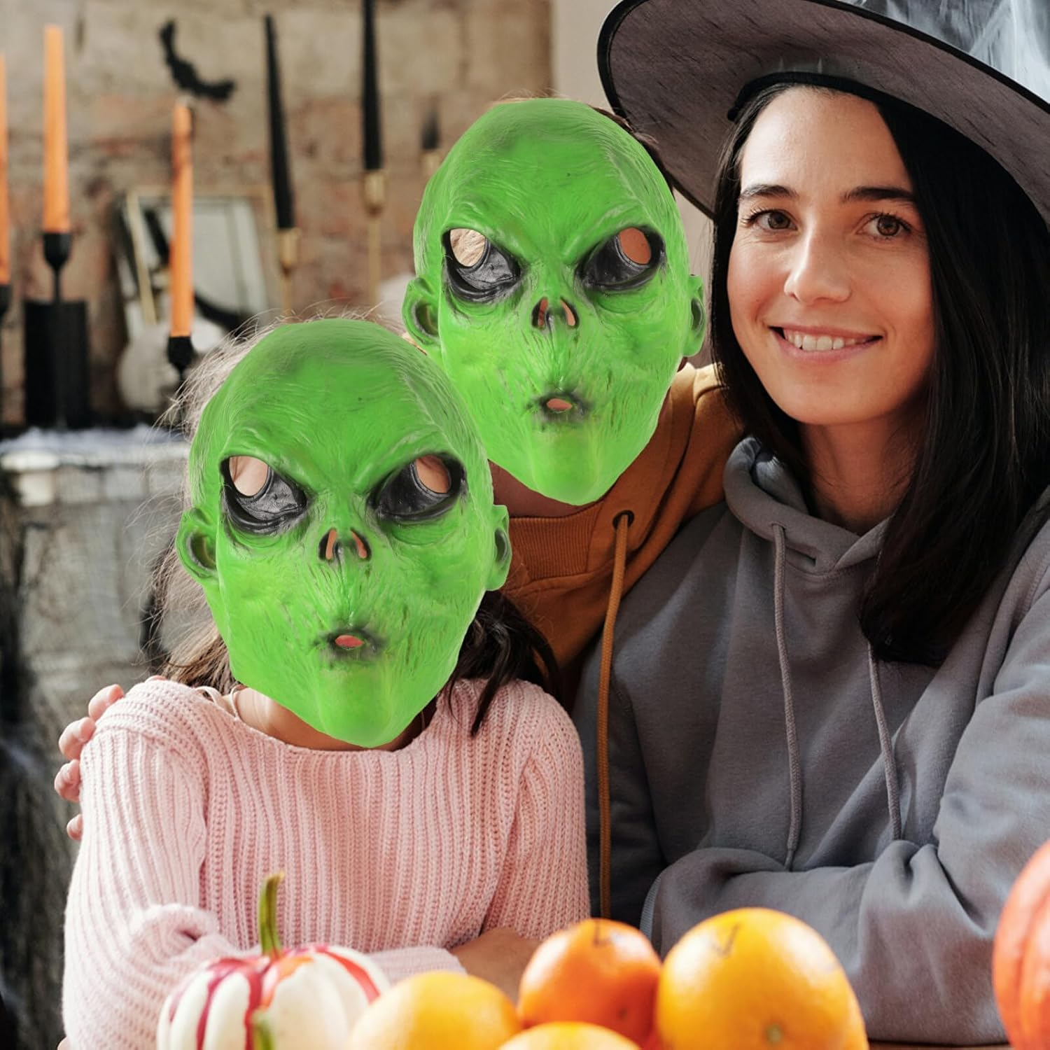 Green Alien Head Mask with Gloves Space Roswell Alien Mask Cool Latex Costume Mask for Party Halloween Dressing Up - Yellow image number 7