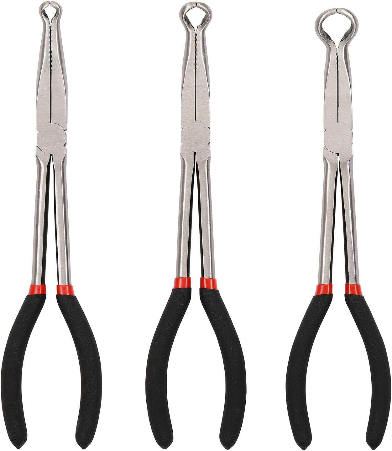 CASOMAN 3Pcs 11" Hose Gripper Plier Set, Black & Red, 5/16-Inch, 1/2-Inch, 3/4-Inch Dia, Offset Spark Plug Boot Removal Pliers Serrated Jaws for Hard to Reach Narrow Spaces image number 2