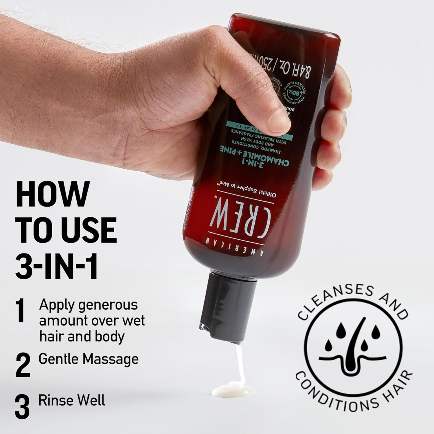 3-In-1 Chamoline plus Pine by American Crew for Men - 33.8 Oz Shampoo, Conditioner and Body Wash image number 5