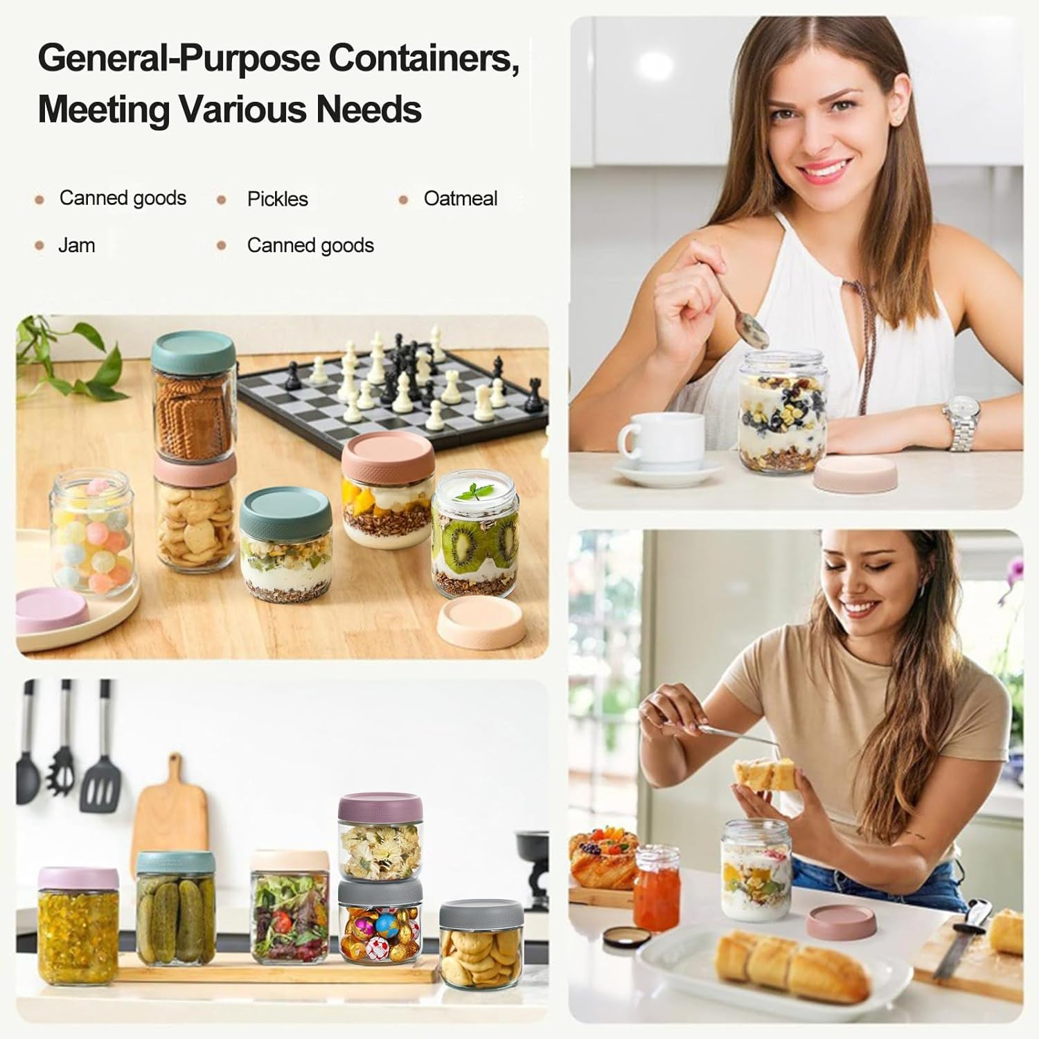 6 Pack Overnight Oats Container Jar with Lid, 10 OZ &16 OZ Wide Mouth Jar & Airtight Glass Food Storage Jar, Meal Prep Container for Salad, Spice, Dressing, Snacks,Sauce image number 3