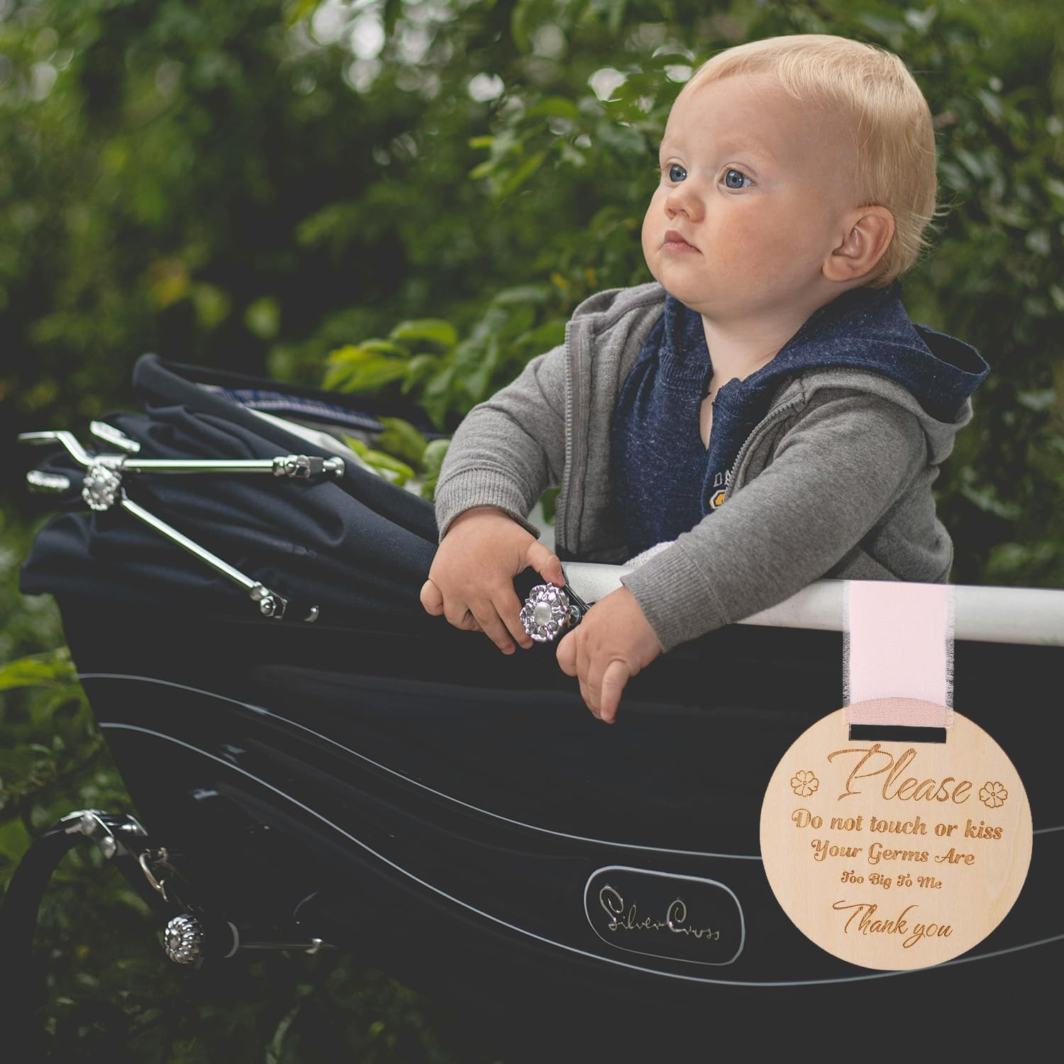 Please Do Not Touch or Kiss Baby Sign, round Please Don&rsquo;T Touch Baby Sign with Ribbon Wooden No Touching Car Seat Tag for Newborn Strollers image number 3