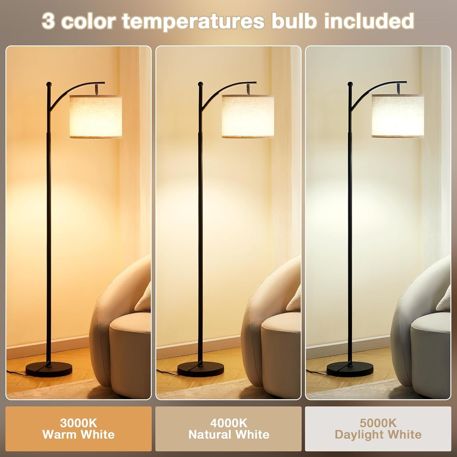 WAMBORY Arc Floor Lamp, LED Modern Floor Lamp for Living Room with 9W 3 Color Temperatures LED Bulb,Metal Standing Lamps with Adjustable Linen Shade,Tall Floor Lamps for Living Room,Office image number 4