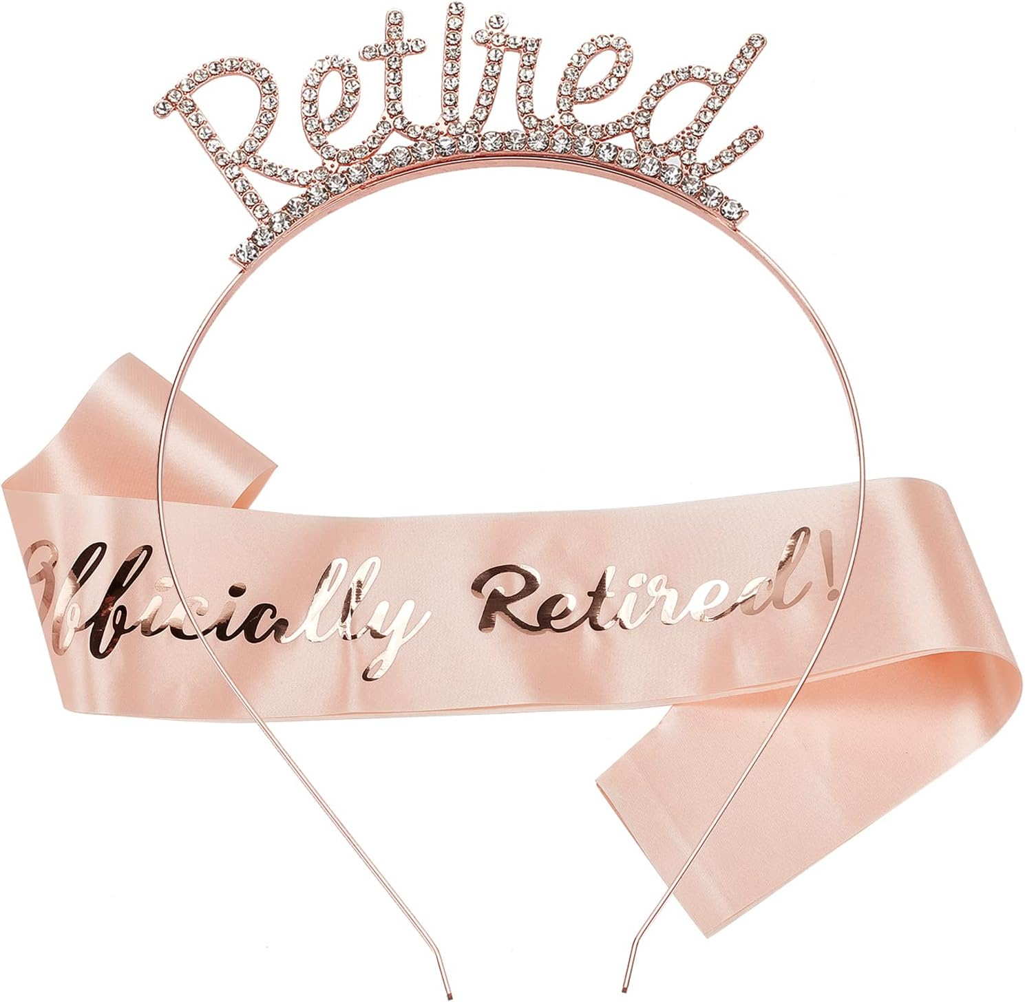 NICENEEDED Officially Retired Retirement Party Set, Rose Gold Tiara Crown & Pink Belt Wtth Gold Lettering, Retired Rhinestones Headband Sash for Women Party Supplies Gifs